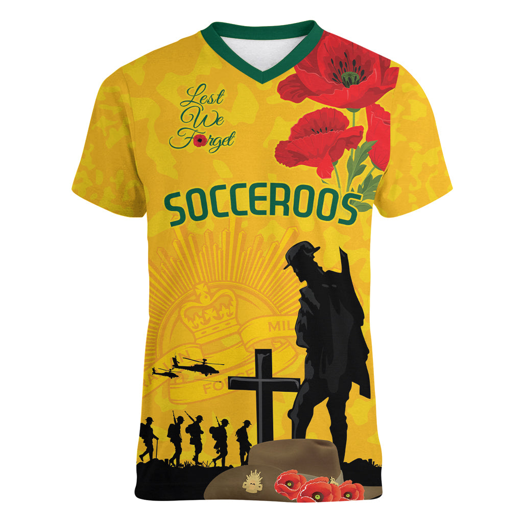 Australia Socceroos Soccer ANZAC Custom Women V Neck T Shirt Gallipoli Soldier With Camouflage Art - Vibe Hoodie Shop