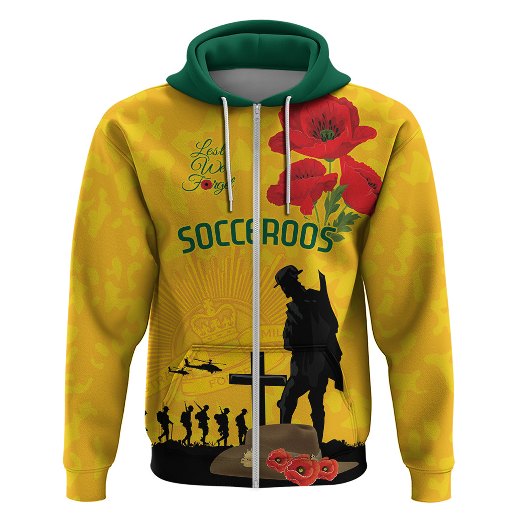 Australia Socceroos Soccer ANZAC Custom Zip Hoodie Gallipoli Soldier With Camouflage Art - Vibe Hoodie Shop
