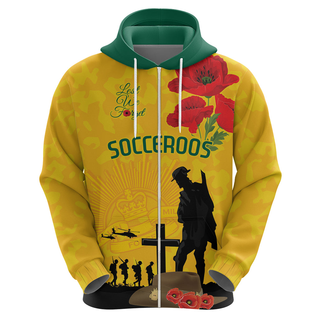 Australia Socceroos Soccer ANZAC Custom Zip Hoodie Gallipoli Soldier With Camouflage Art - Vibe Hoodie Shop