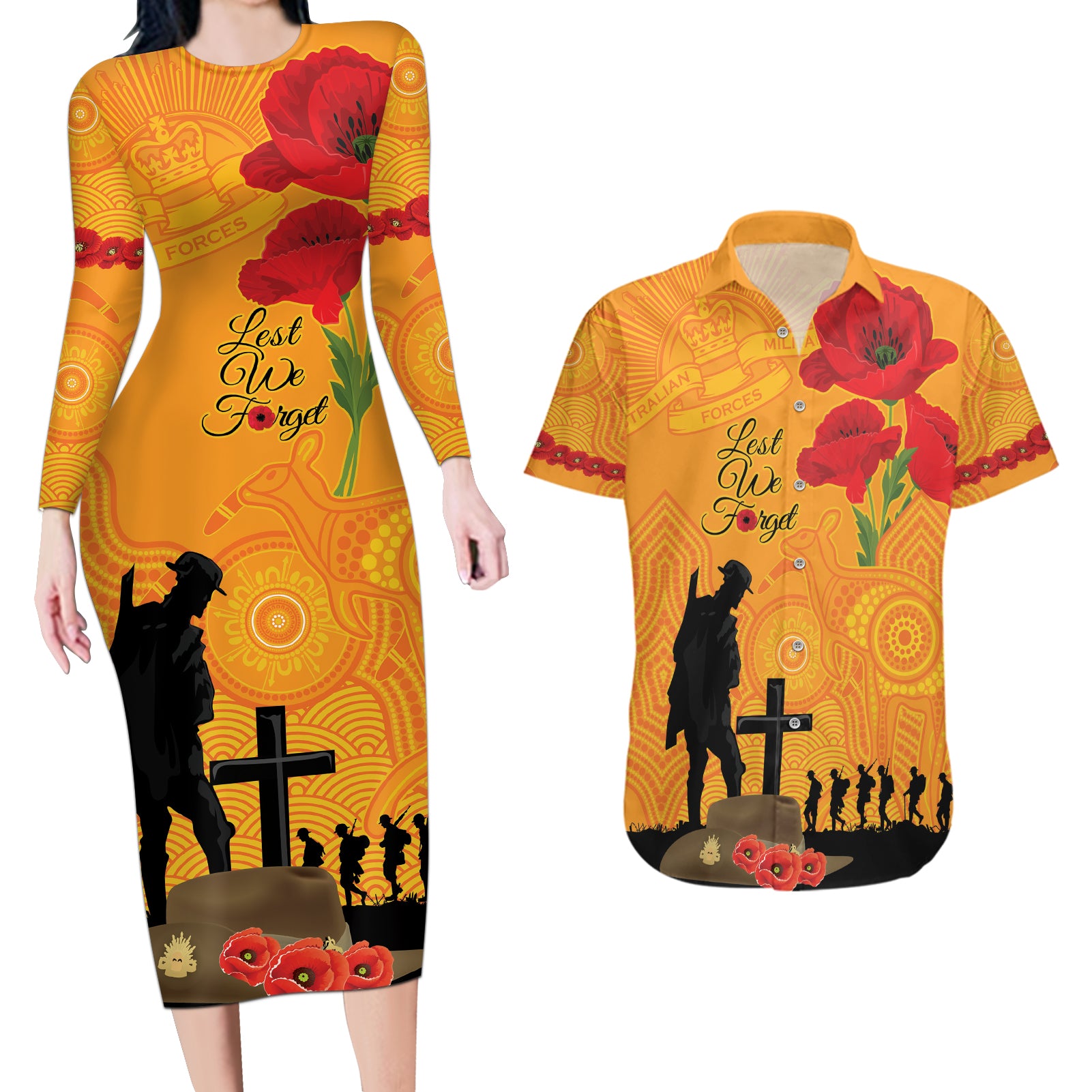 Australia Wallabies Rugby ANZAC Custom Couples Matching Long Sleeve Bodycon Dress and Hawaiian Shirt Gallipoli Soldier With Aboriginal Dots Art