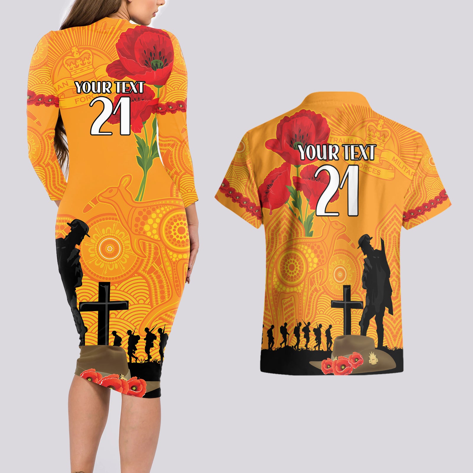 Australia Wallabies Rugby ANZAC Custom Couples Matching Long Sleeve Bodycon Dress and Hawaiian Shirt Gallipoli Soldier With Aboriginal Dots Art