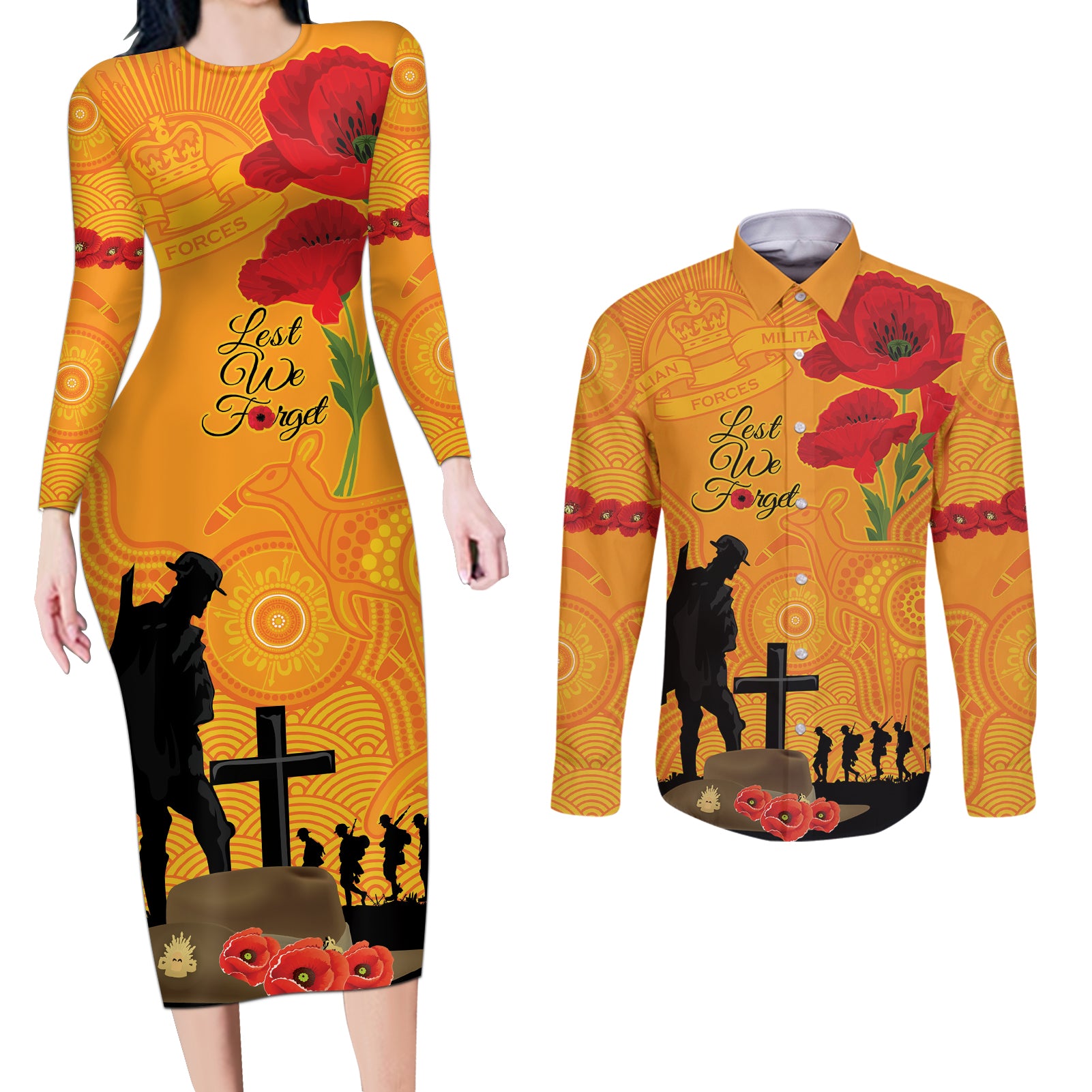Australia Wallabies Rugby ANZAC Custom Couples Matching Long Sleeve Bodycon Dress and Long Sleeve Button Shirt Gallipoli Soldier With Aboriginal Dots Art