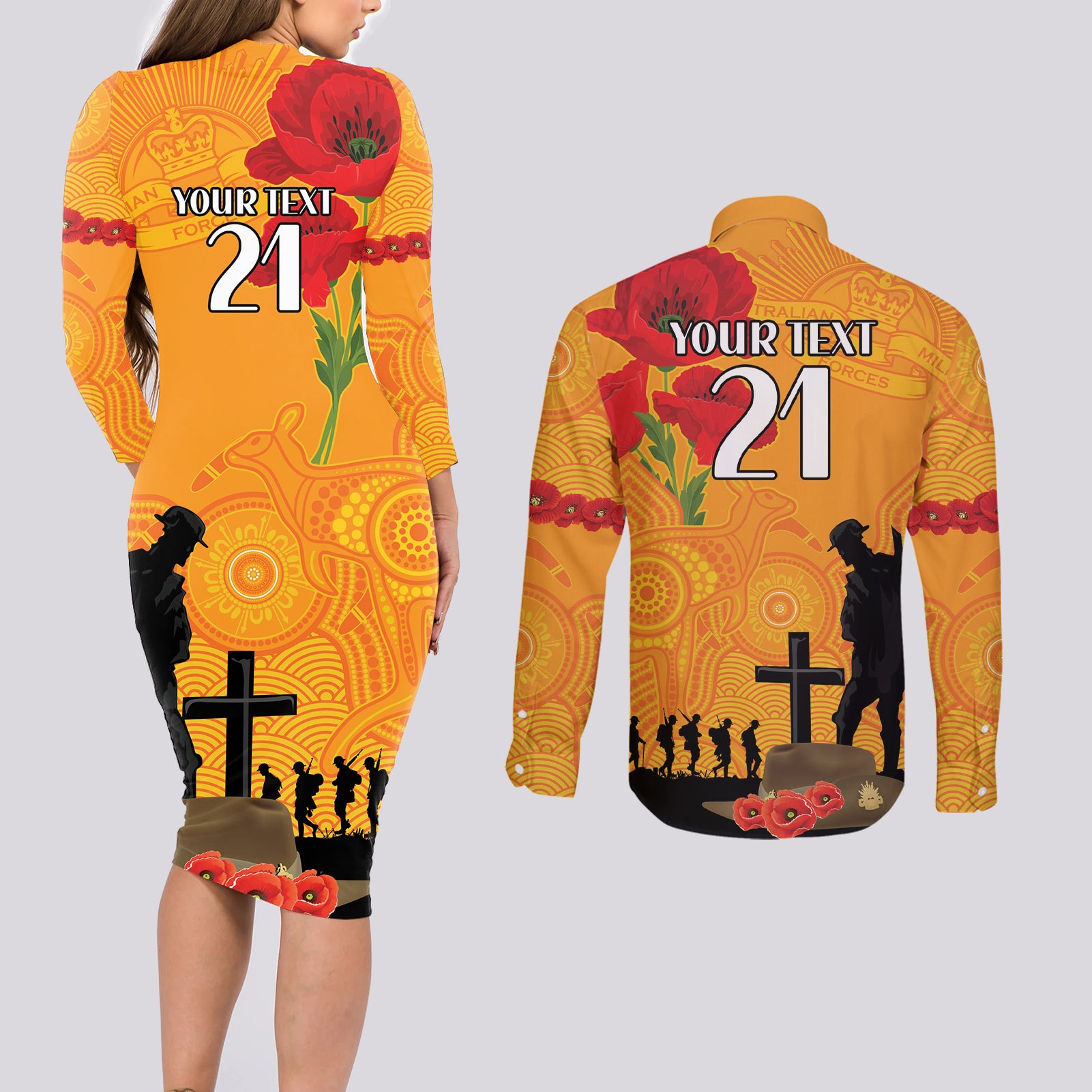 Australia Wallabies Rugby ANZAC Custom Couples Matching Long Sleeve Bodycon Dress and Long Sleeve Button Shirt Gallipoli Soldier With Aboriginal Dots Art