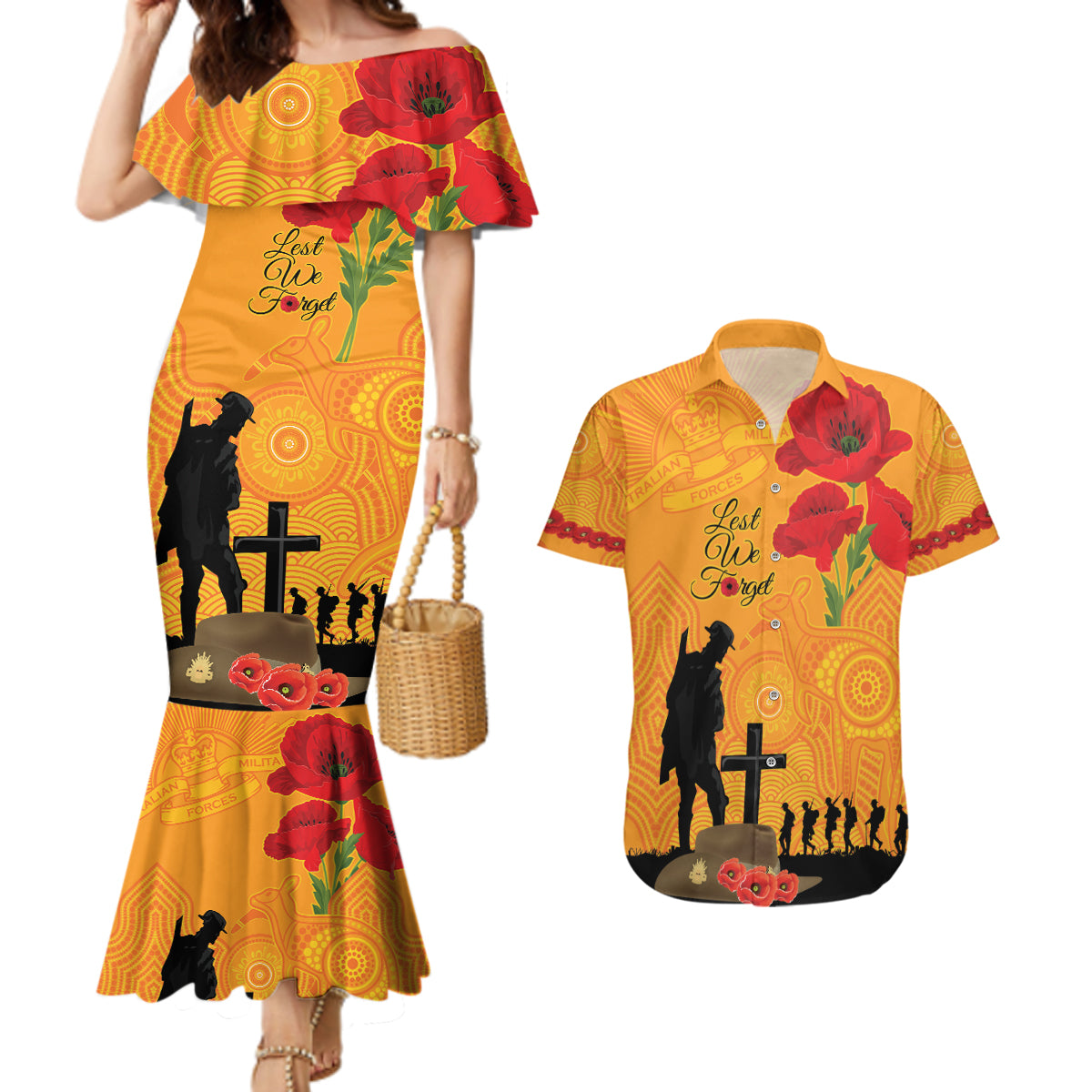 Australia Wallabies Rugby ANZAC Custom Couples Matching Mermaid Dress and Hawaiian Shirt Gallipoli Soldier With Aboriginal Dots Art