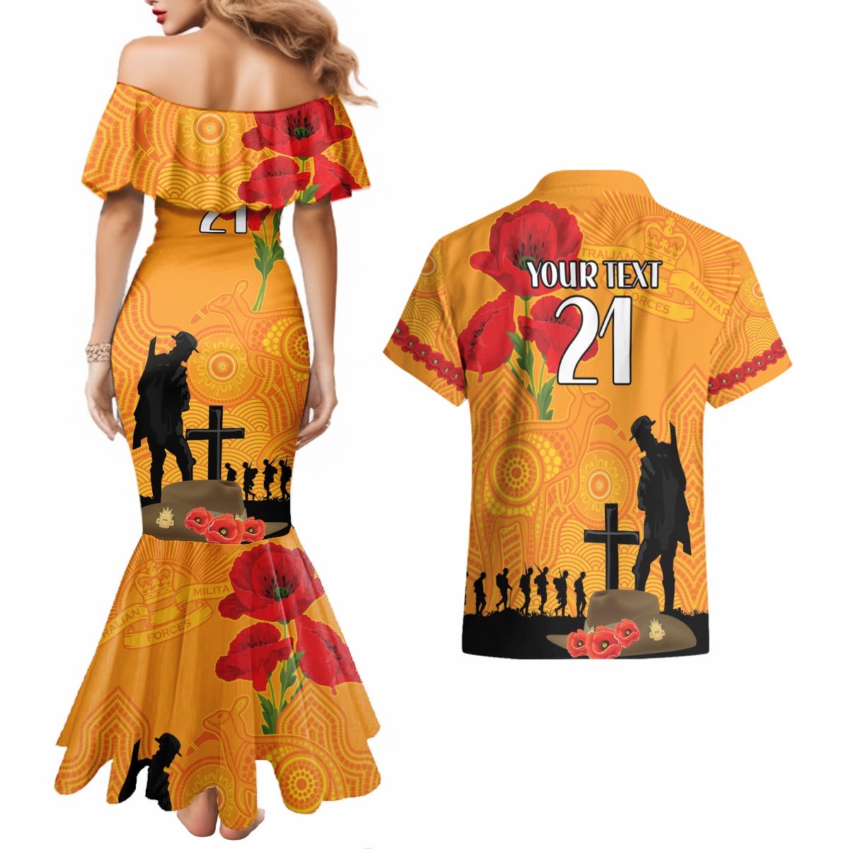 Australia Wallabies Rugby ANZAC Custom Couples Matching Mermaid Dress and Hawaiian Shirt Gallipoli Soldier With Aboriginal Dots Art