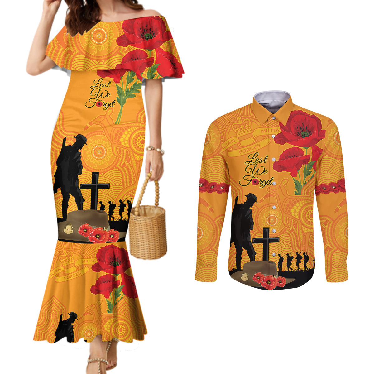Australia Wallabies Rugby ANZAC Custom Couples Matching Mermaid Dress and Long Sleeve Button Shirt Gallipoli Soldier With Aboriginal Dots Art