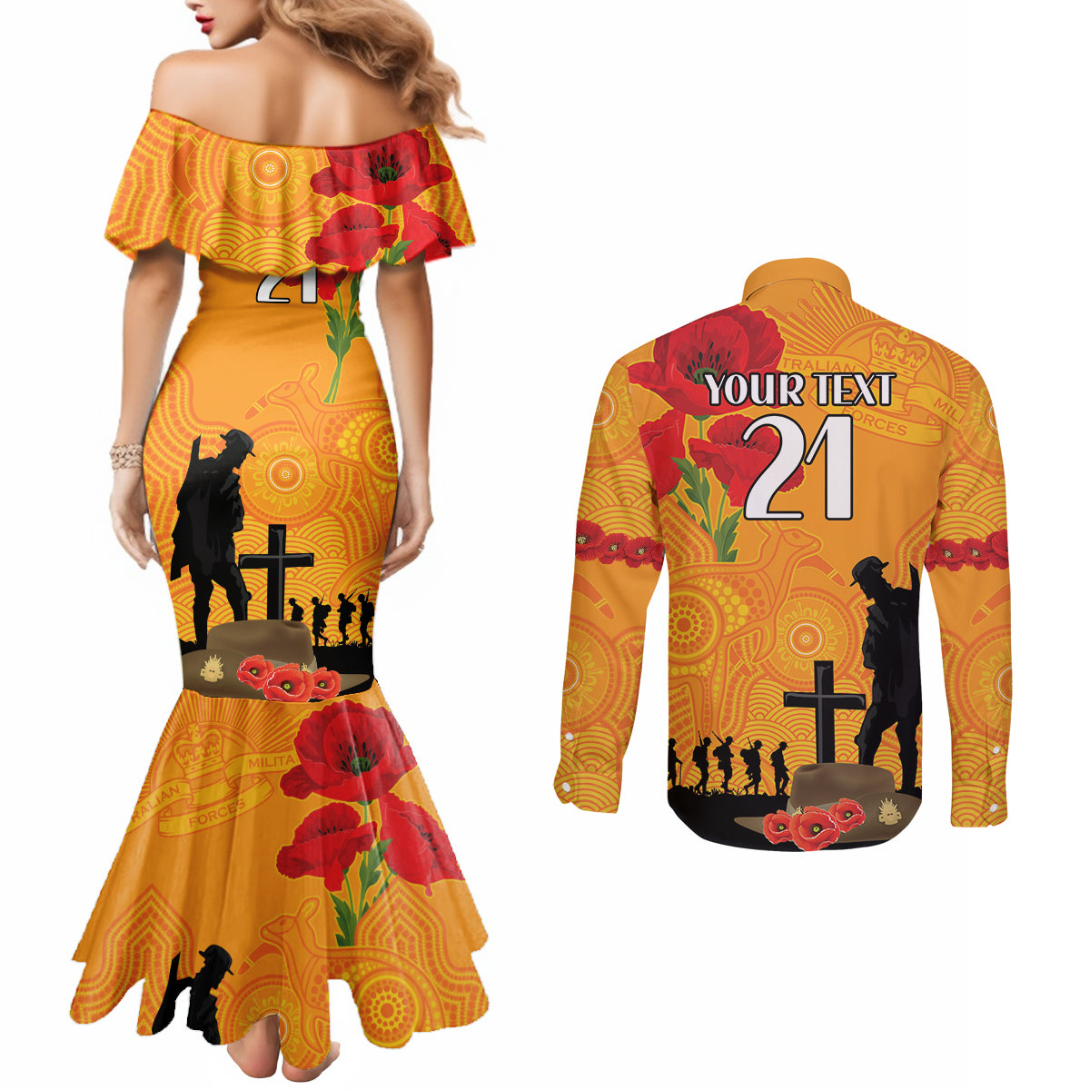 Australia Wallabies Rugby ANZAC Custom Couples Matching Mermaid Dress and Long Sleeve Button Shirt Gallipoli Soldier With Aboriginal Dots Art