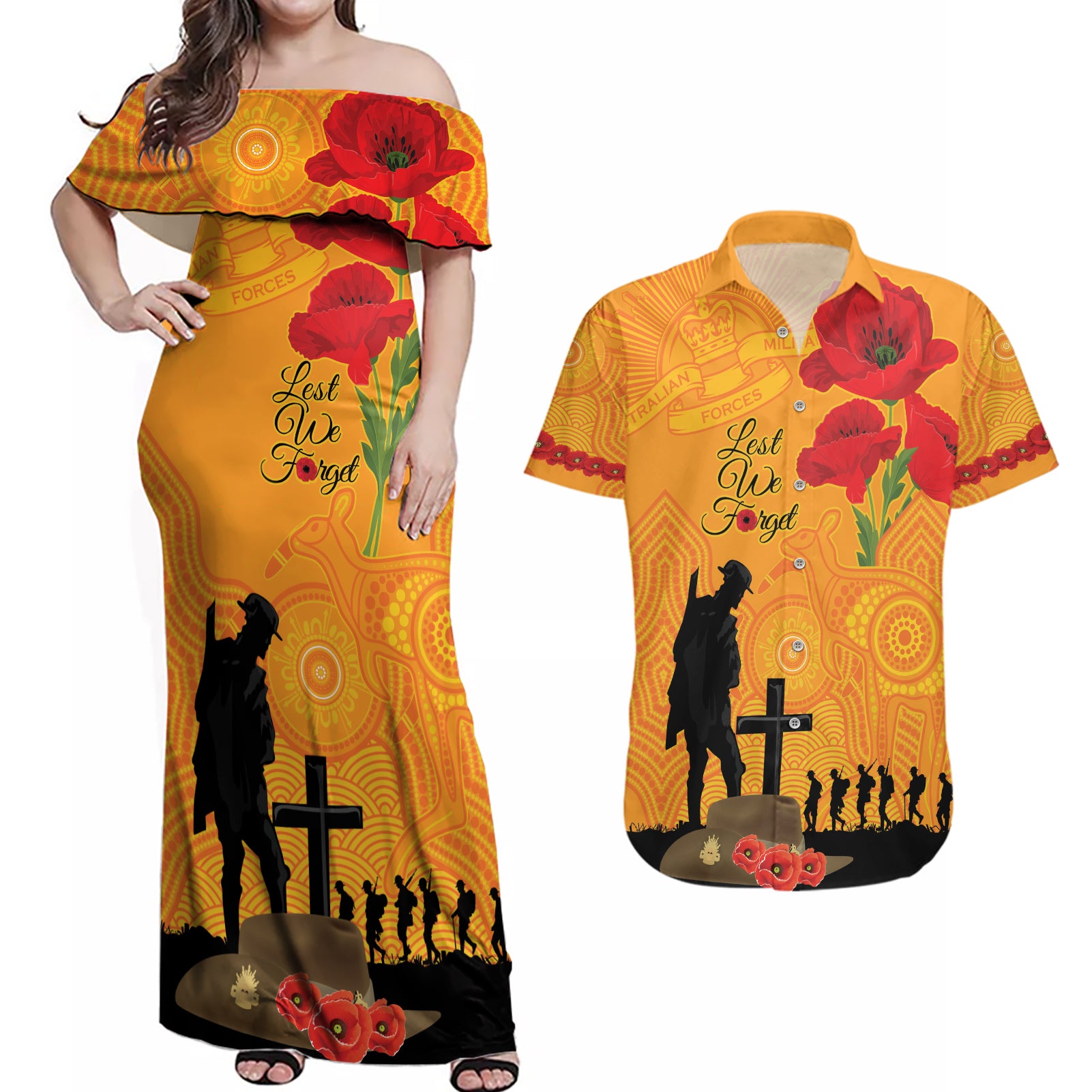 Australia Wallabies Rugby ANZAC Custom Couples Matching Off Shoulder Maxi Dress and Hawaiian Shirt Gallipoli Soldier With Aboriginal Dots Art
