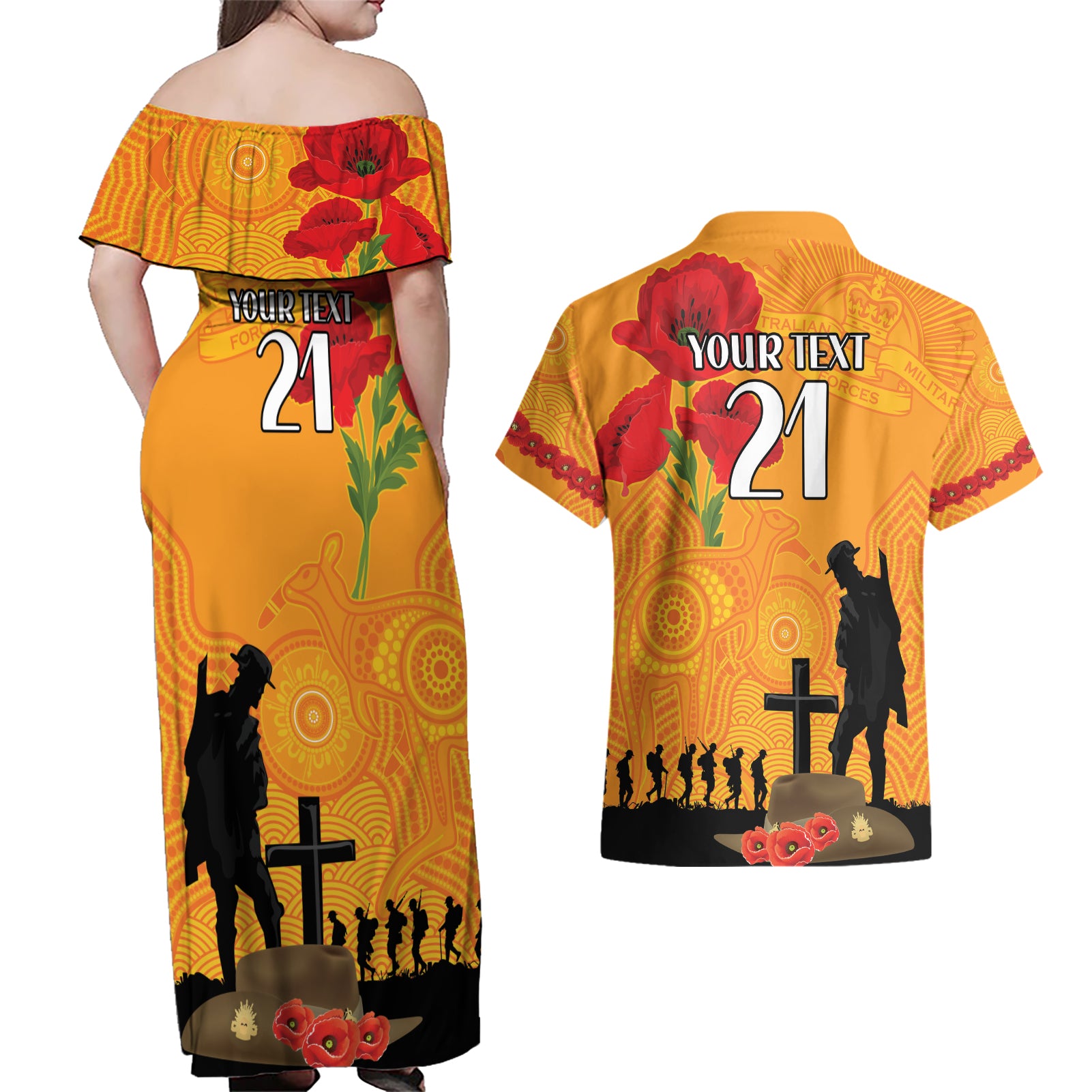 Australia Wallabies Rugby ANZAC Custom Couples Matching Off Shoulder Maxi Dress and Hawaiian Shirt Gallipoli Soldier With Aboriginal Dots Art