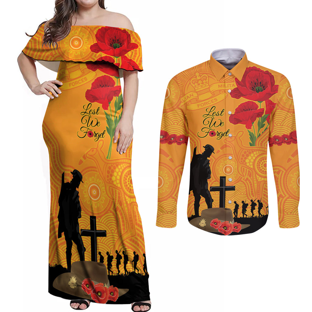 Australia Wallabies Rugby ANZAC Custom Couples Matching Off Shoulder Maxi Dress and Long Sleeve Button Shirt Gallipoli Soldier With Aboriginal Dots Art