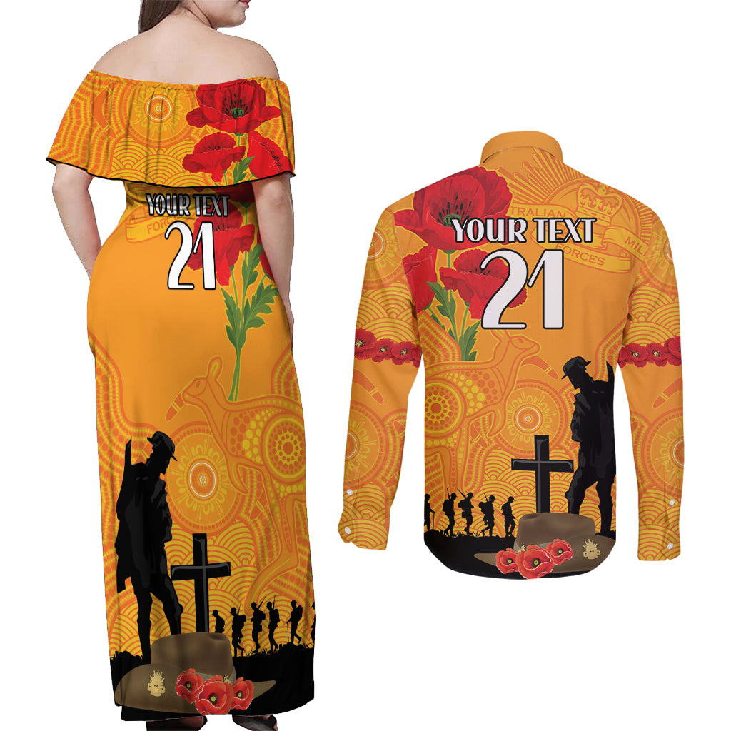 Australia Wallabies Rugby ANZAC Custom Couples Matching Off Shoulder Maxi Dress and Long Sleeve Button Shirt Gallipoli Soldier With Aboriginal Dots Art