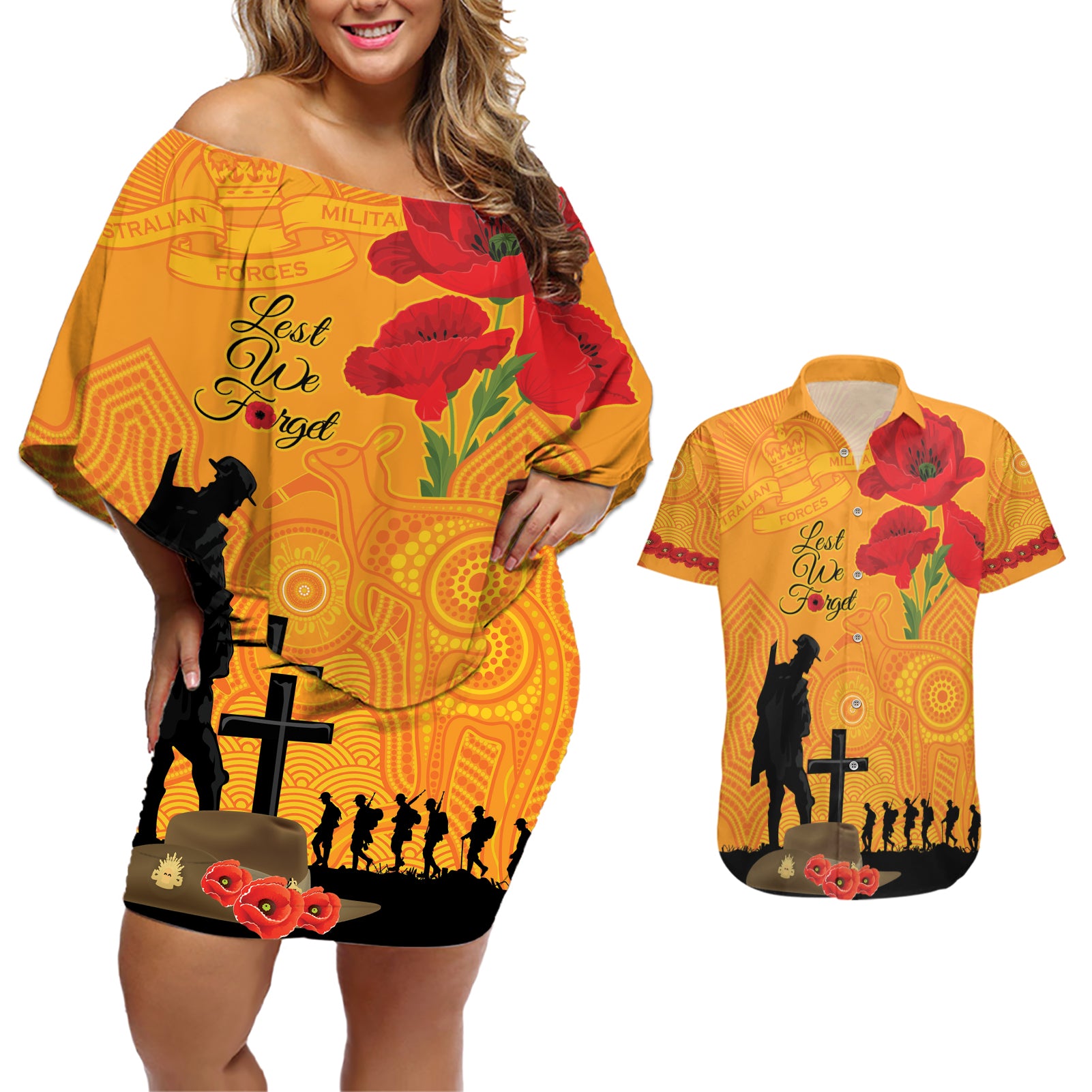 Australia Wallabies Rugby ANZAC Custom Couples Matching Off Shoulder Short Dress and Hawaiian Shirt Gallipoli Soldier With Aboriginal Dots Art