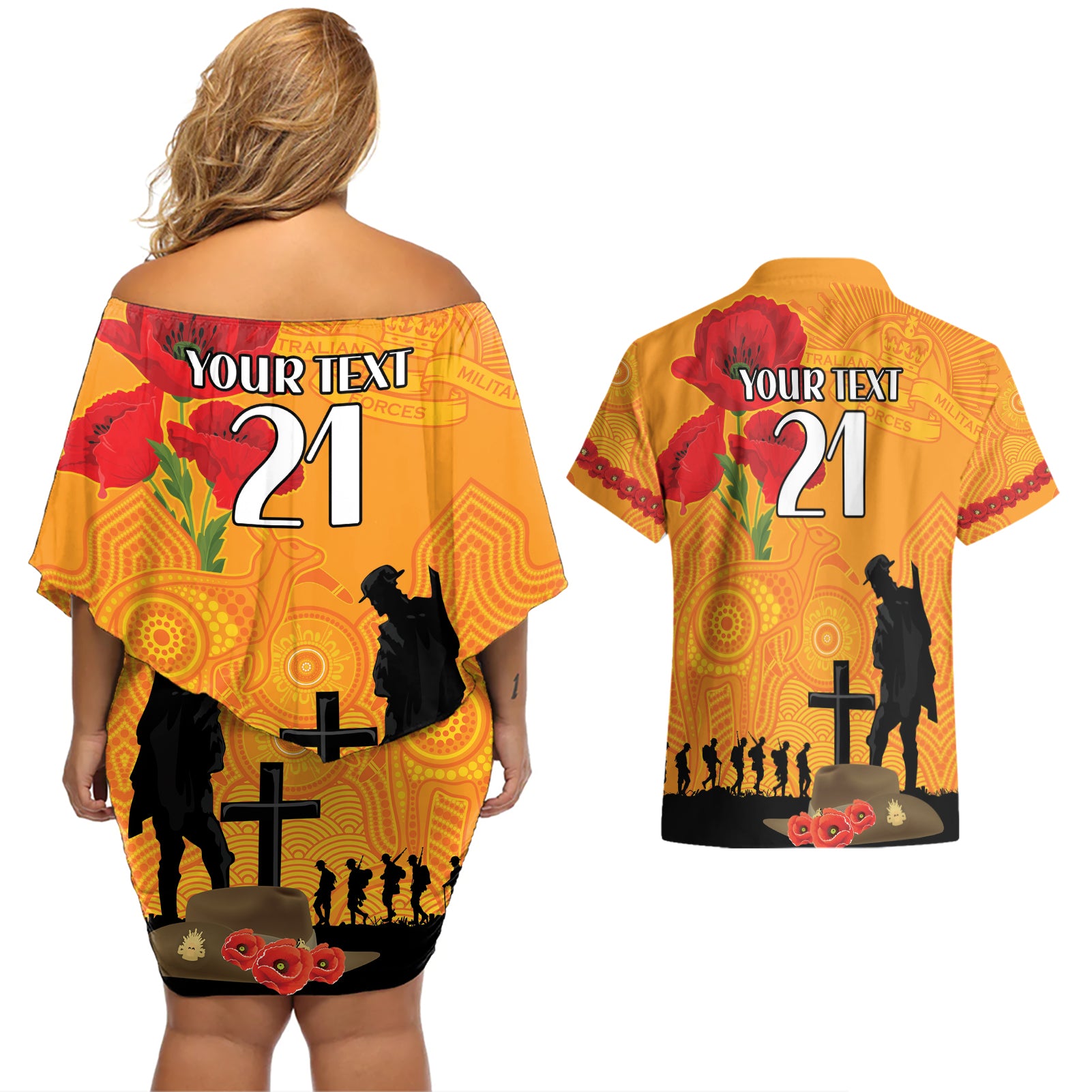 Australia Wallabies Rugby ANZAC Custom Couples Matching Off Shoulder Short Dress and Hawaiian Shirt Gallipoli Soldier With Aboriginal Dots Art