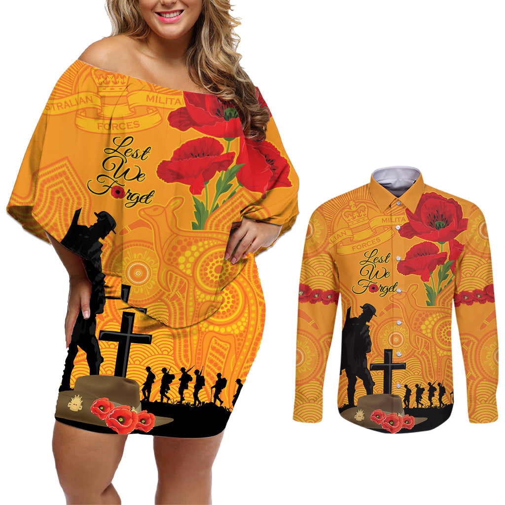 Australia Wallabies Rugby ANZAC Custom Couples Matching Off Shoulder Short Dress and Long Sleeve Button Shirt Gallipoli Soldier With Aboriginal Dots Art