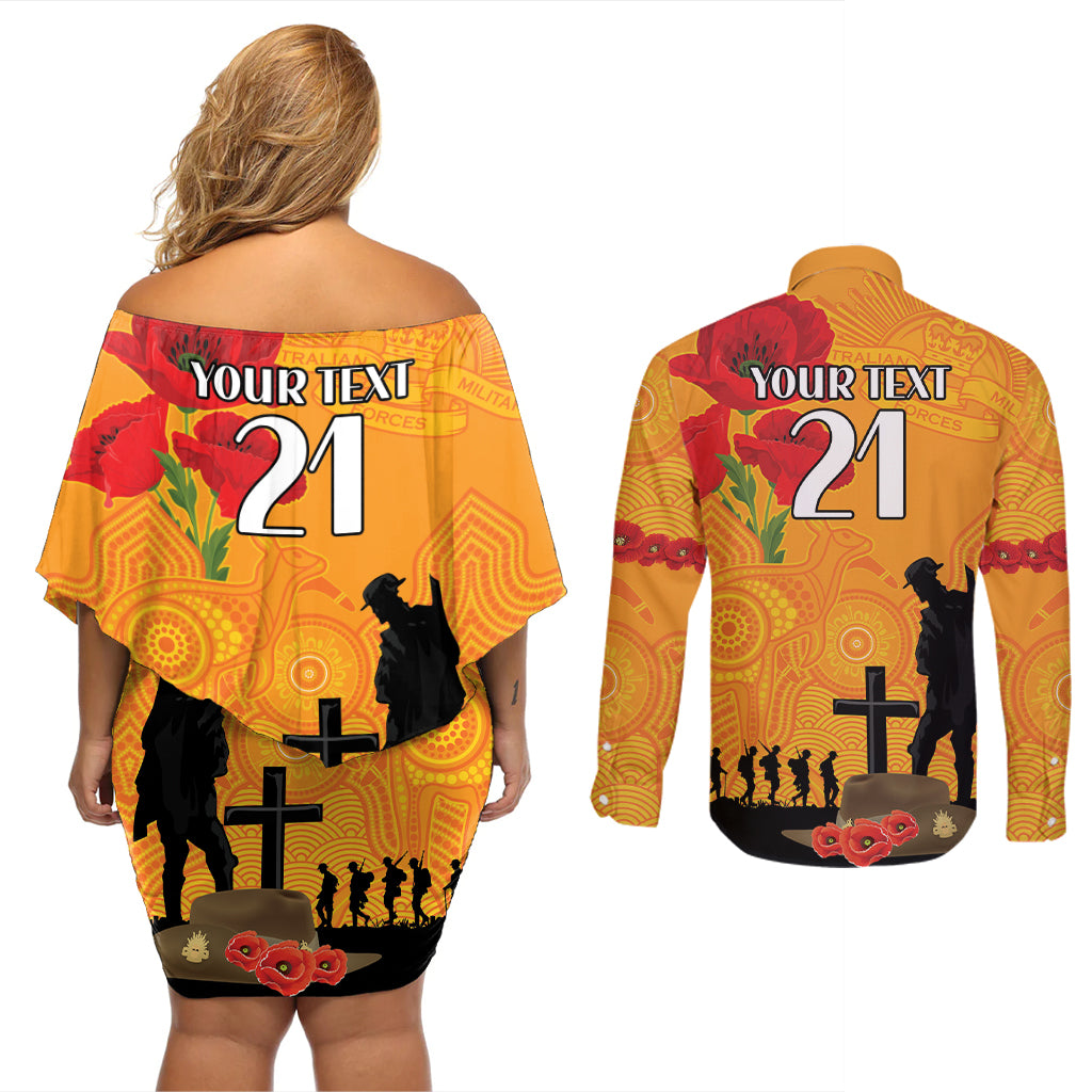 Australia Wallabies Rugby ANZAC Custom Couples Matching Off Shoulder Short Dress and Long Sleeve Button Shirt Gallipoli Soldier With Aboriginal Dots Art