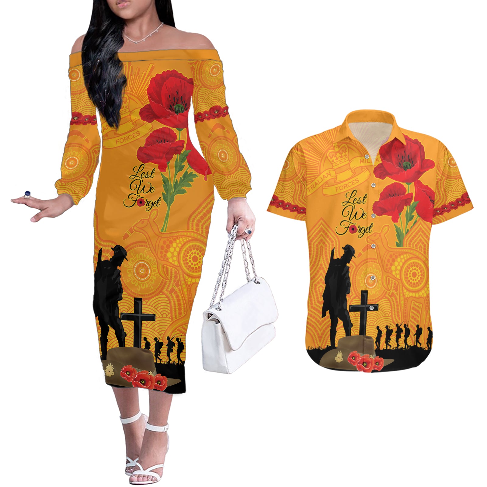 Australia Wallabies Rugby ANZAC Custom Couples Matching Off The Shoulder Long Sleeve Dress and Hawaiian Shirt Gallipoli Soldier With Aboriginal Dots Art