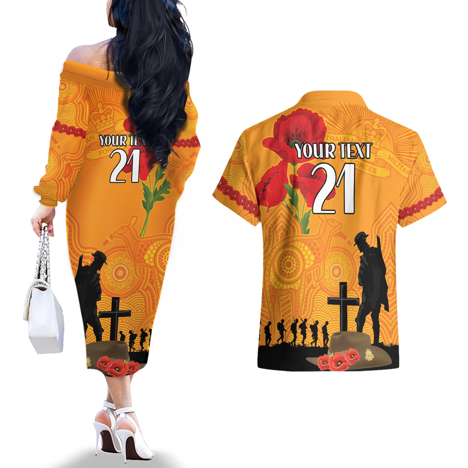 Australia Wallabies Rugby ANZAC Custom Couples Matching Off The Shoulder Long Sleeve Dress and Hawaiian Shirt Gallipoli Soldier With Aboriginal Dots Art