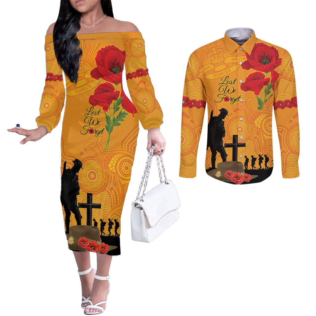 Australia Wallabies Rugby ANZAC Custom Couples Matching Off The Shoulder Long Sleeve Dress and Long Sleeve Button Shirt Gallipoli Soldier With Aboriginal Dots Art