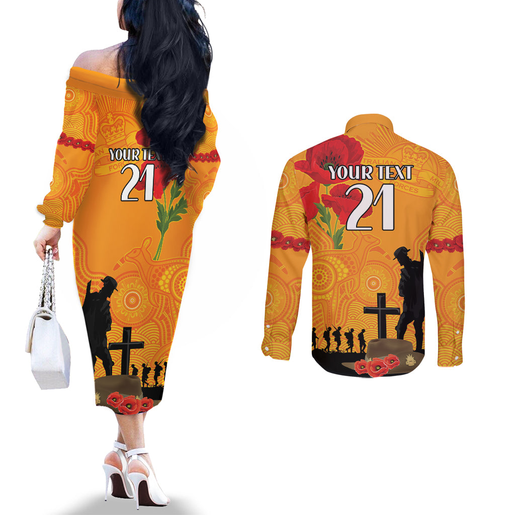 Australia Wallabies Rugby ANZAC Custom Couples Matching Off The Shoulder Long Sleeve Dress and Long Sleeve Button Shirt Gallipoli Soldier With Aboriginal Dots Art