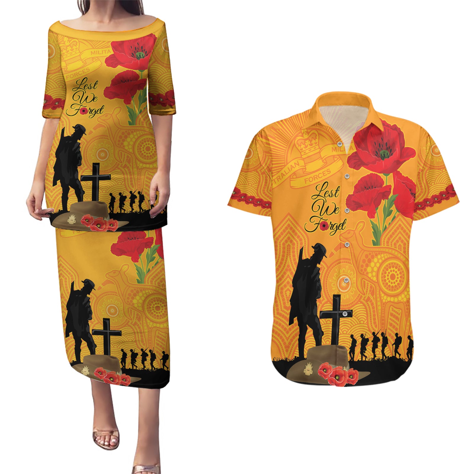 Australia Wallabies Rugby ANZAC Custom Couples Matching Puletasi and Hawaiian Shirt Gallipoli Soldier With Aboriginal Dots Art