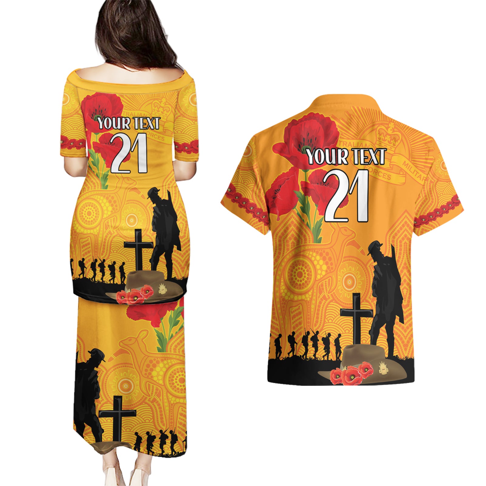 Australia Wallabies Rugby ANZAC Custom Couples Matching Puletasi and Hawaiian Shirt Gallipoli Soldier With Aboriginal Dots Art