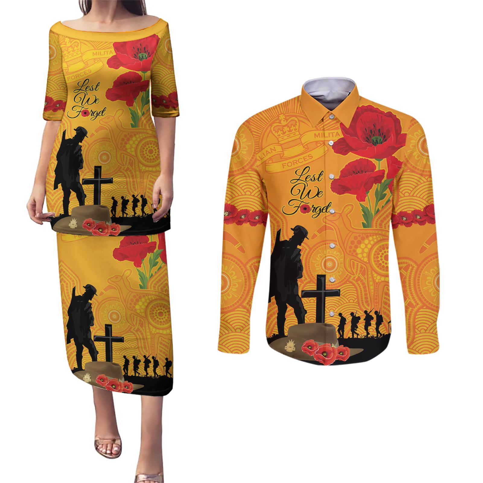 Australia Wallabies Rugby ANZAC Custom Couples Matching Puletasi and Long Sleeve Button Shirt Gallipoli Soldier With Aboriginal Dots Art