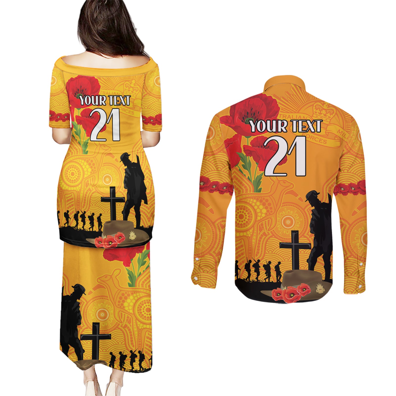 Australia Wallabies Rugby ANZAC Custom Couples Matching Puletasi and Long Sleeve Button Shirt Gallipoli Soldier With Aboriginal Dots Art