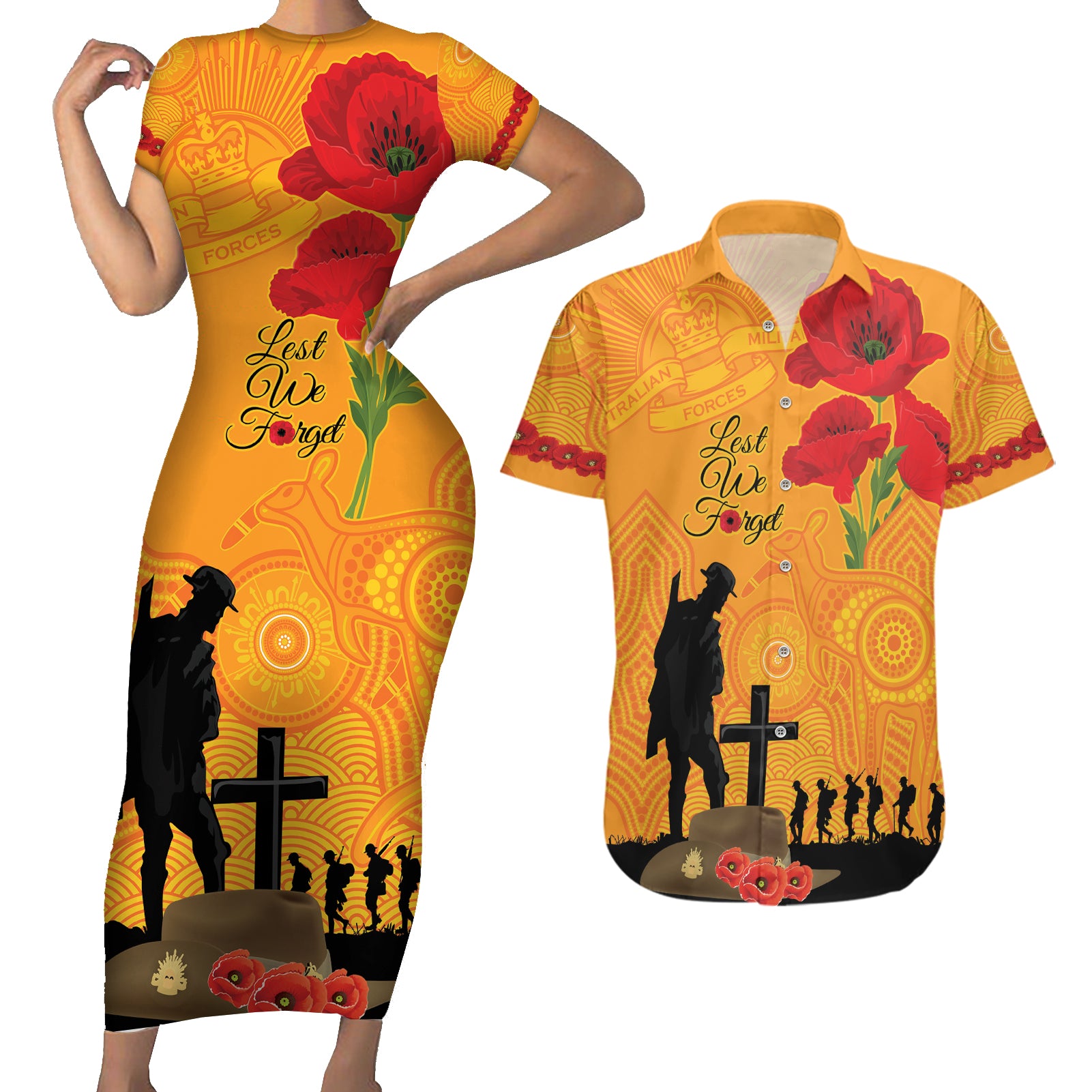Australia Wallabies Rugby ANZAC Custom Couples Matching Short Sleeve Bodycon Dress and Hawaiian Shirt Gallipoli Soldier With Aboriginal Dots Art
