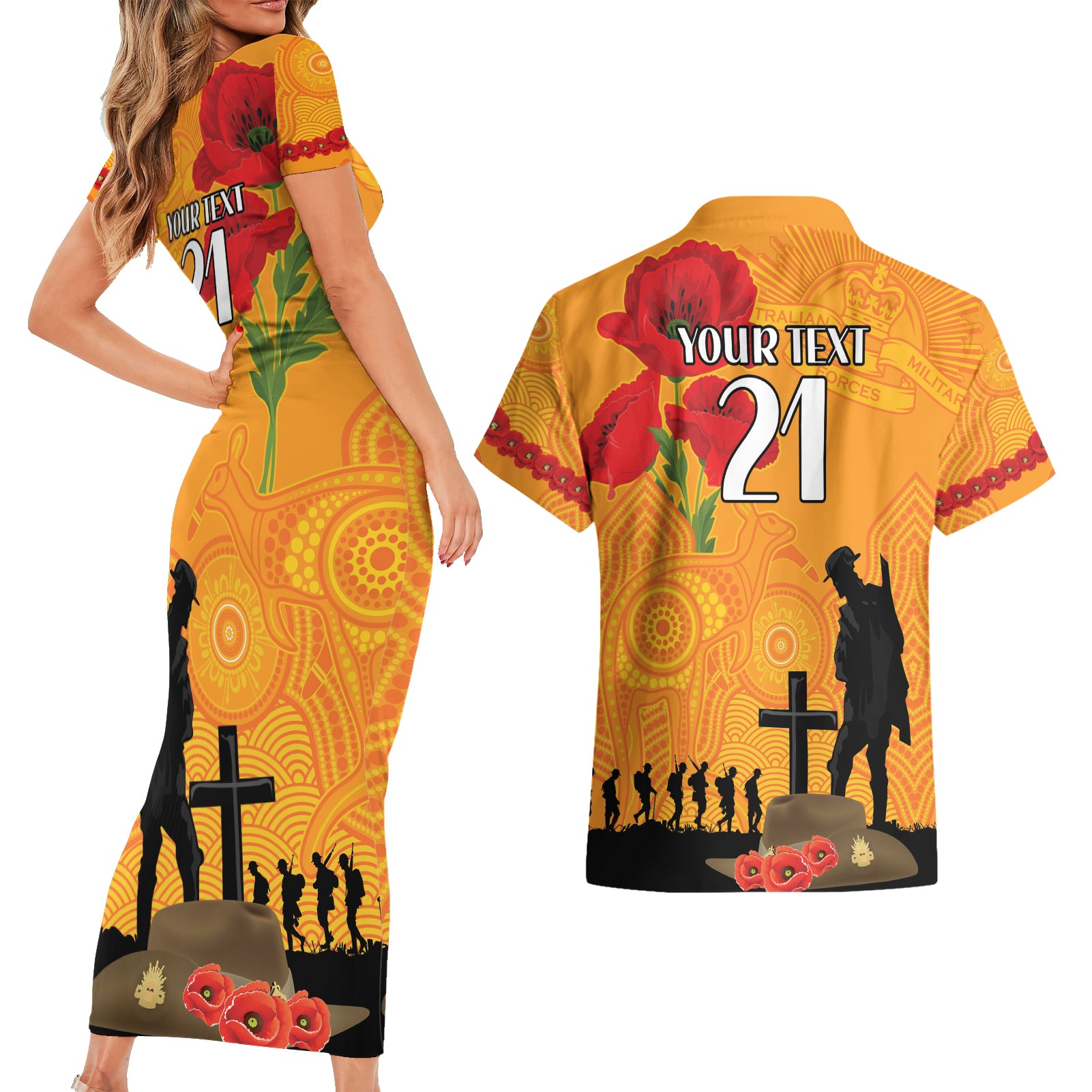 Australia Wallabies Rugby ANZAC Custom Couples Matching Short Sleeve Bodycon Dress and Hawaiian Shirt Gallipoli Soldier With Aboriginal Dots Art