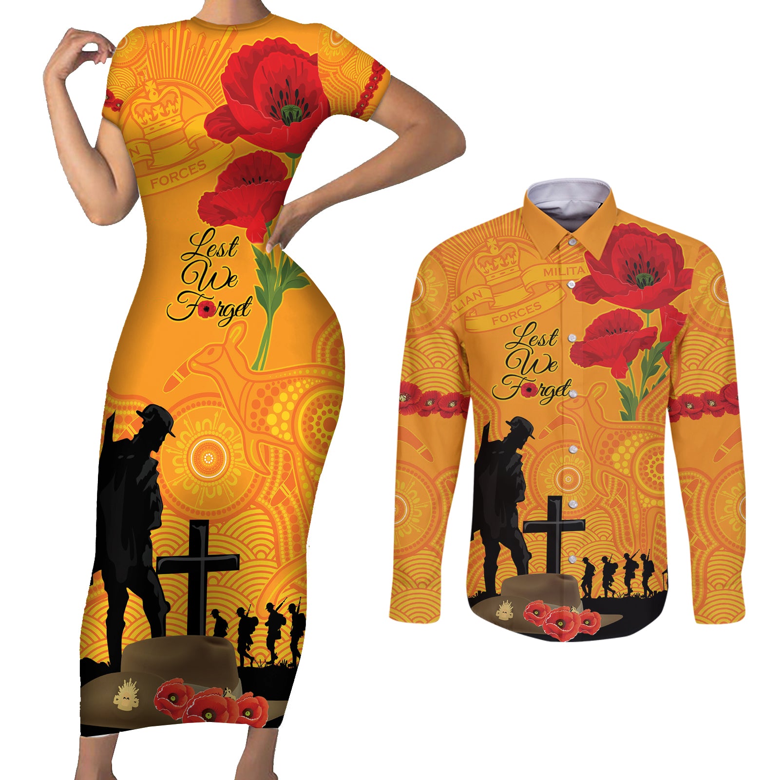 Australia Wallabies Rugby ANZAC Custom Couples Matching Short Sleeve Bodycon Dress and Long Sleeve Button Shirt Gallipoli Soldier With Aboriginal Dots Art