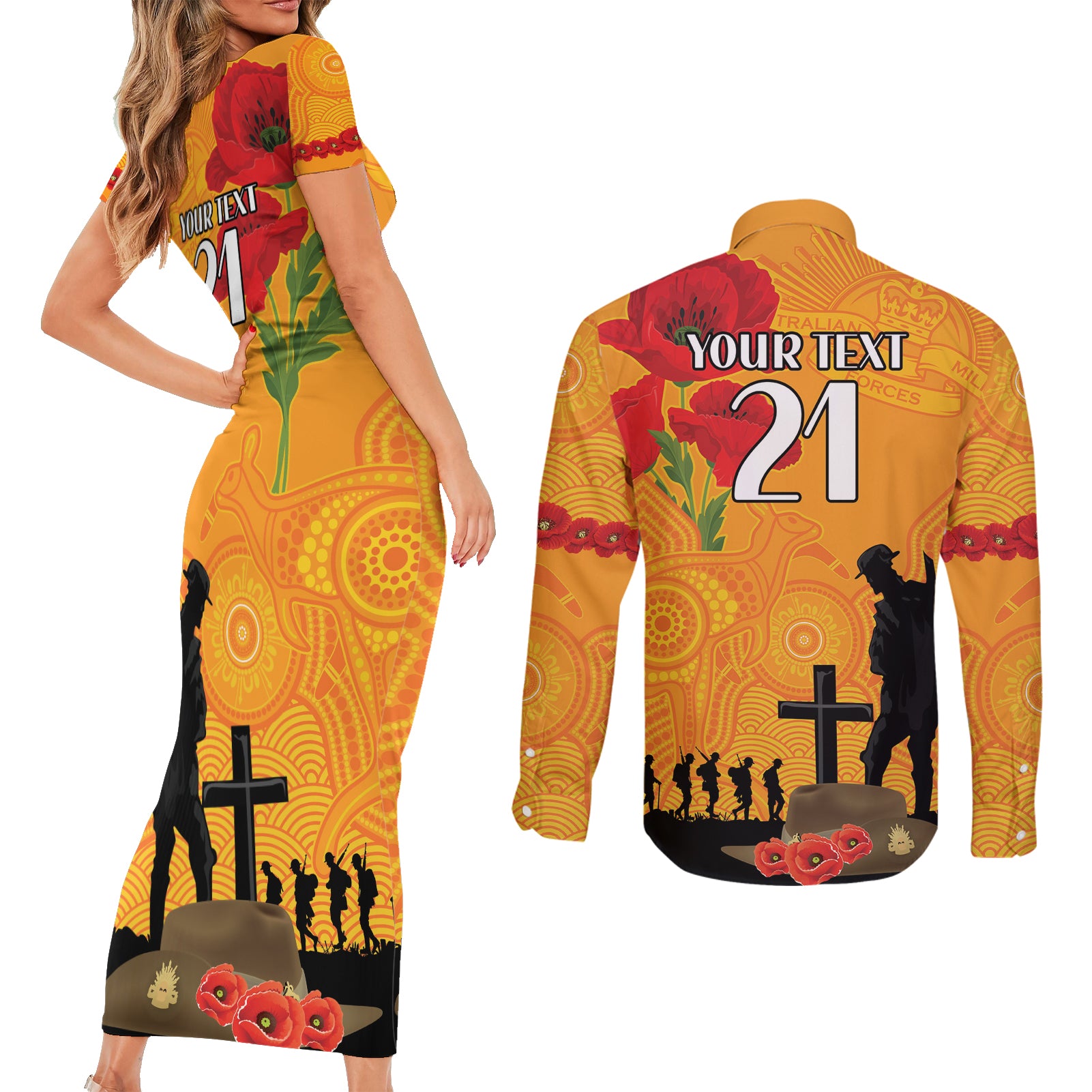 Australia Wallabies Rugby ANZAC Custom Couples Matching Short Sleeve Bodycon Dress and Long Sleeve Button Shirt Gallipoli Soldier With Aboriginal Dots Art