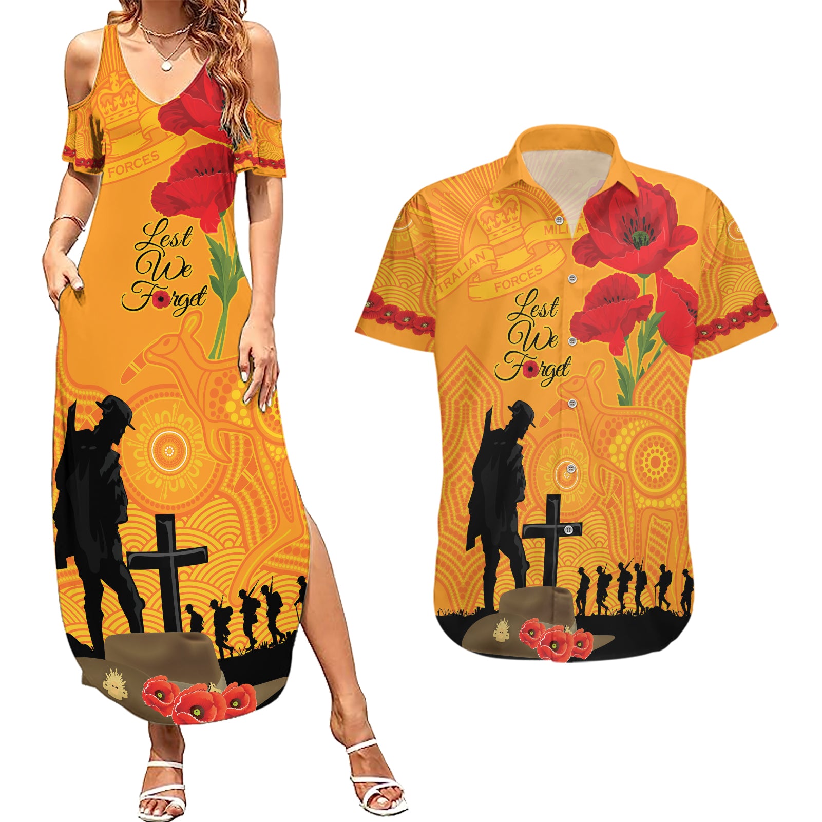 Australia Wallabies Rugby ANZAC Custom Couples Matching Summer Maxi Dress and Hawaiian Shirt Gallipoli Soldier With Aboriginal Dots Art