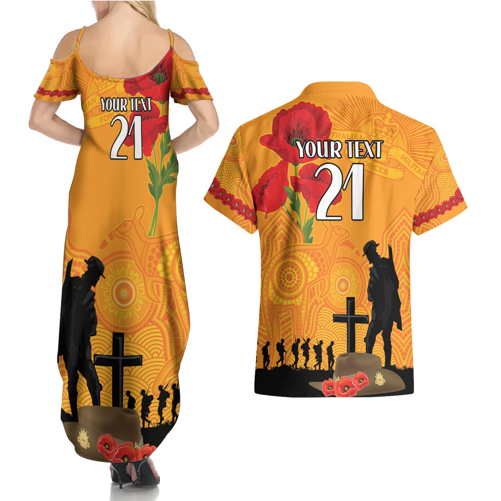 Australia Wallabies Rugby ANZAC Custom Couples Matching Summer Maxi Dress and Hawaiian Shirt Gallipoli Soldier With Aboriginal Dots Art