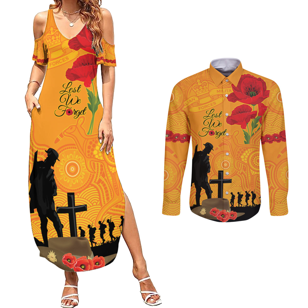 Australia Wallabies Rugby ANZAC Custom Couples Matching Summer Maxi Dress and Long Sleeve Button Shirt Gallipoli Soldier With Aboriginal Dots Art