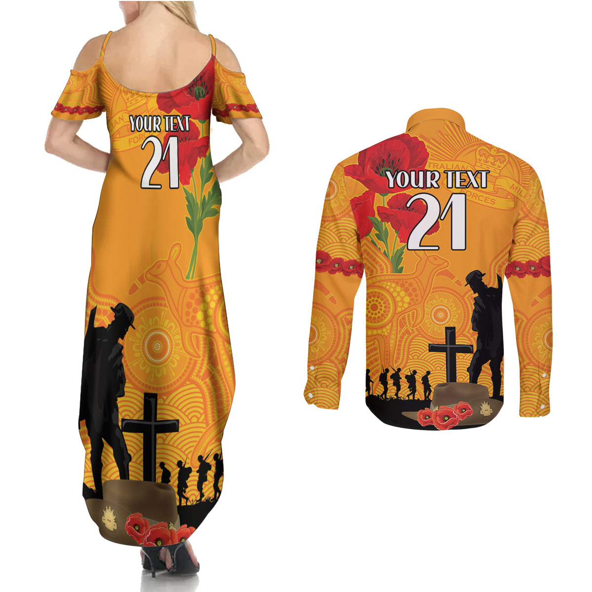 Australia Wallabies Rugby ANZAC Custom Couples Matching Summer Maxi Dress and Long Sleeve Button Shirt Gallipoli Soldier With Aboriginal Dots Art