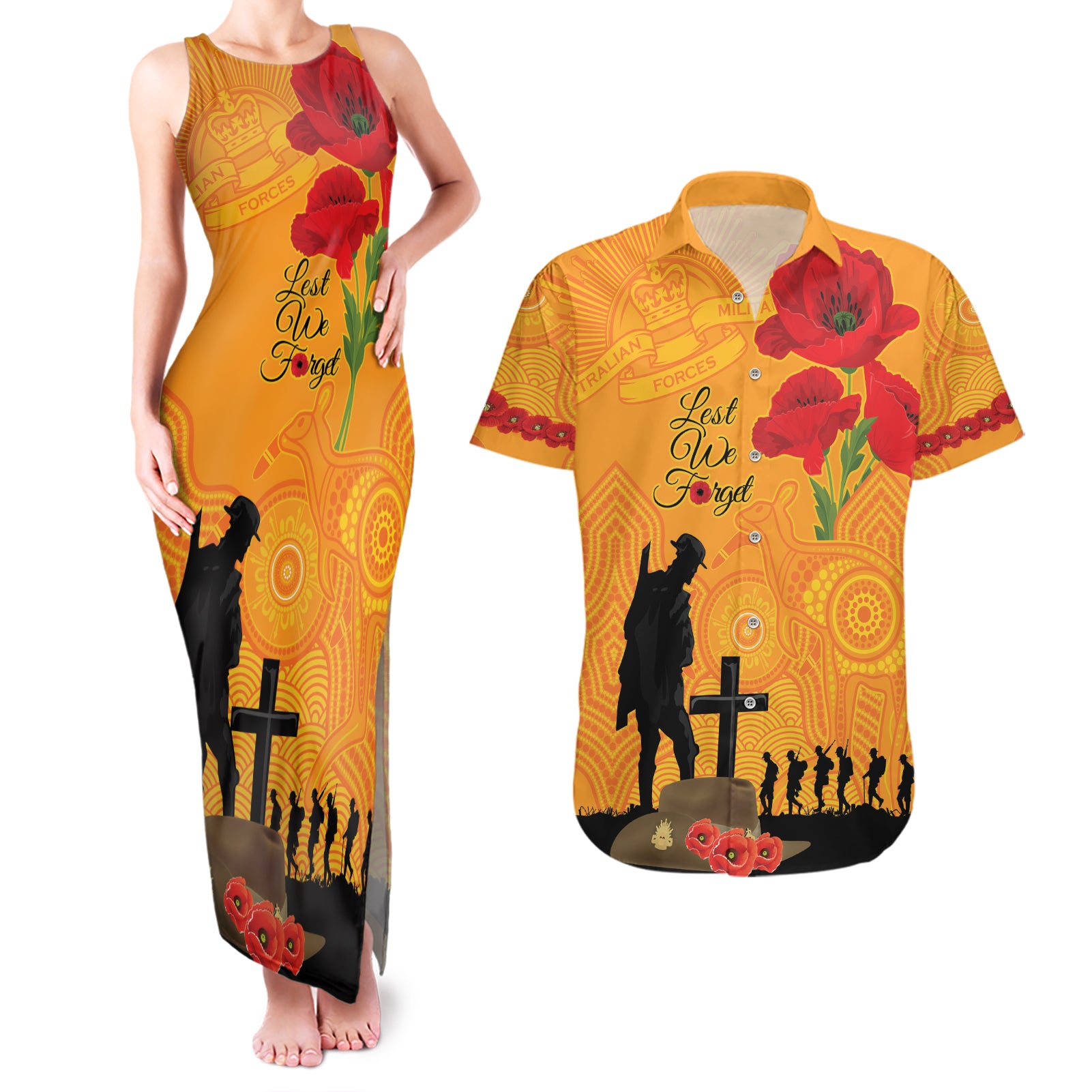 Australia Wallabies Rugby ANZAC Custom Couples Matching Tank Maxi Dress and Hawaiian Shirt Gallipoli Soldier With Aboriginal Dots Art