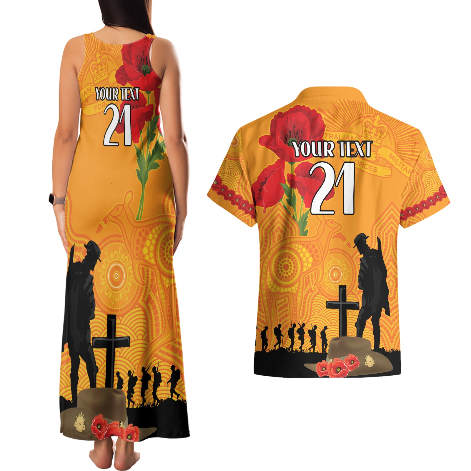 Australia Wallabies Rugby ANZAC Custom Couples Matching Tank Maxi Dress and Hawaiian Shirt Gallipoli Soldier With Aboriginal Dots Art