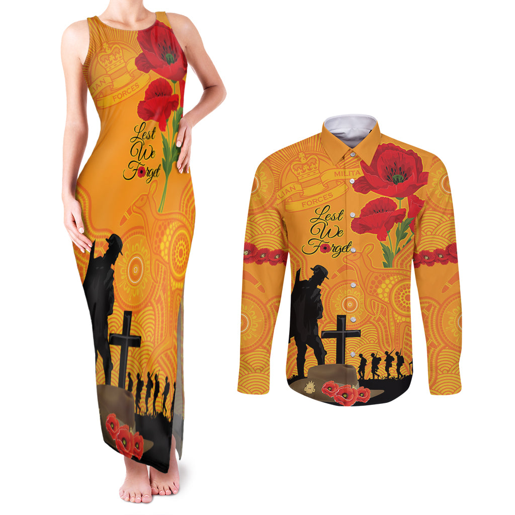 Australia Wallabies Rugby ANZAC Custom Couples Matching Tank Maxi Dress and Long Sleeve Button Shirt Gallipoli Soldier With Aboriginal Dots Art