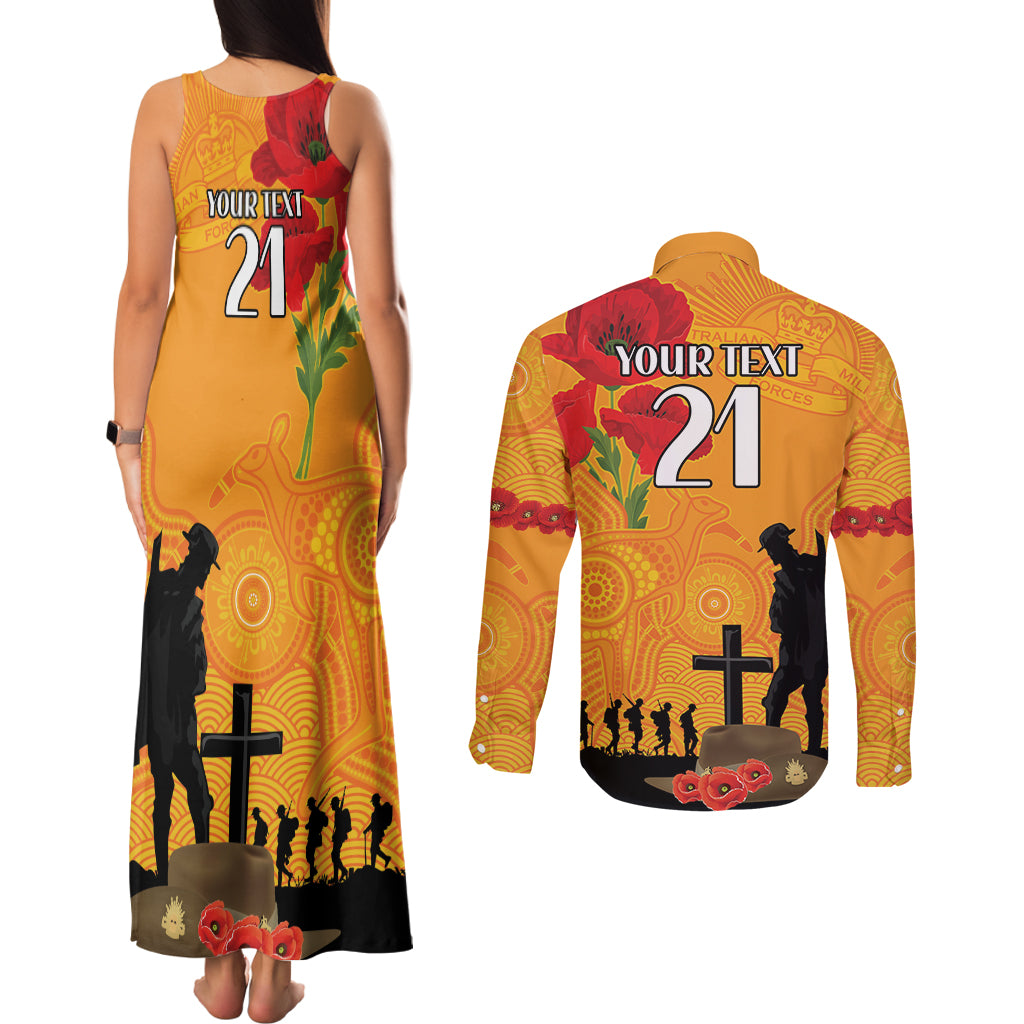 Australia Wallabies Rugby ANZAC Custom Couples Matching Tank Maxi Dress and Long Sleeve Button Shirt Gallipoli Soldier With Aboriginal Dots Art