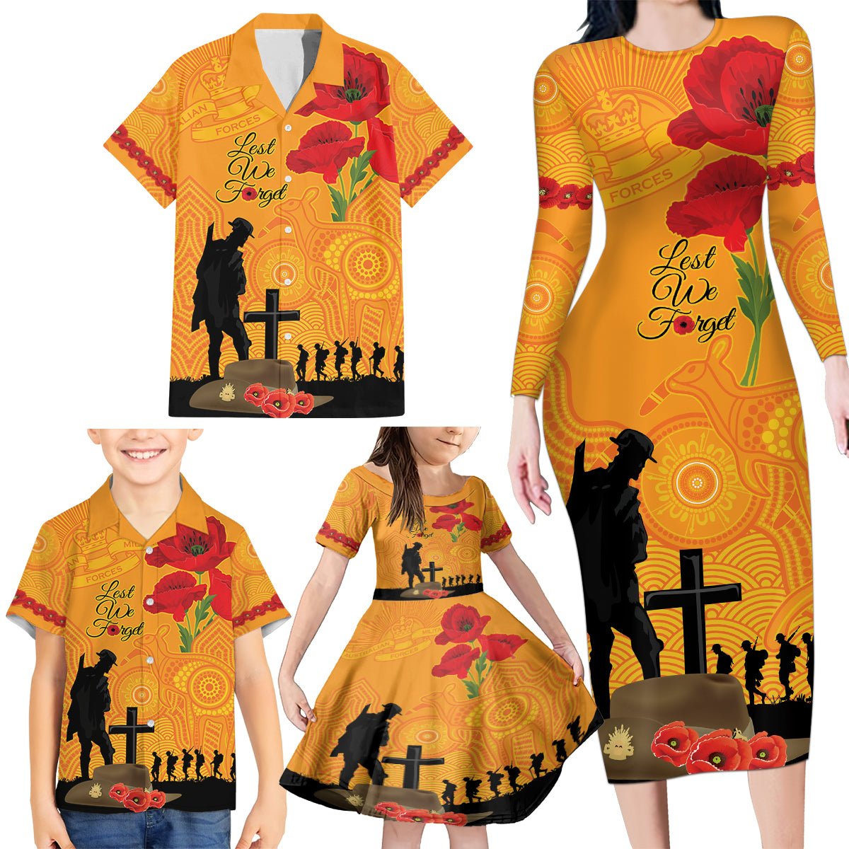 Australia Wallabies Rugby ANZAC Custom Family Matching Long Sleeve Bodycon Dress and Hawaiian Shirt Gallipoli Soldier With Aboriginal Dots Art