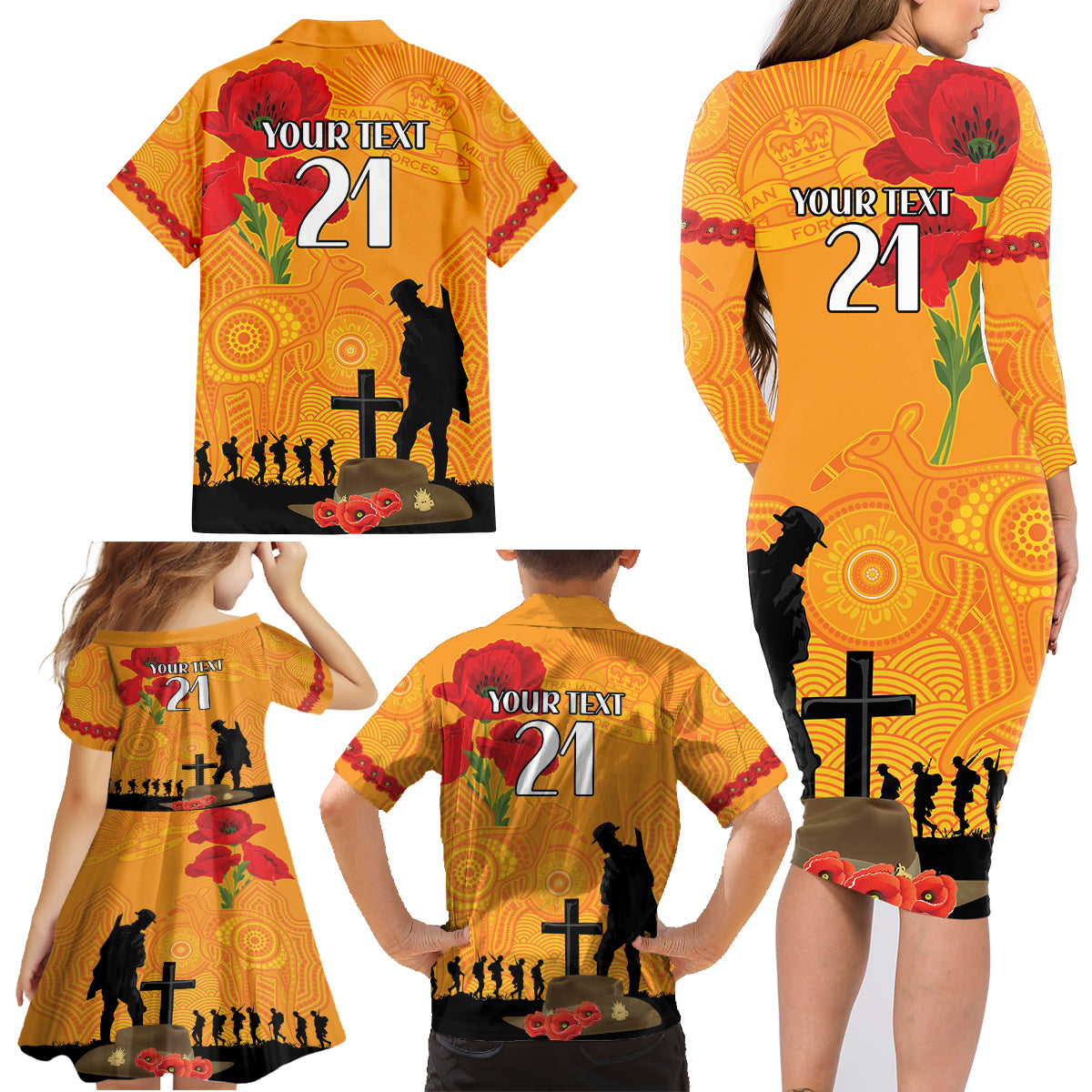 Australia Wallabies Rugby ANZAC Custom Family Matching Long Sleeve Bodycon Dress and Hawaiian Shirt Gallipoli Soldier With Aboriginal Dots Art