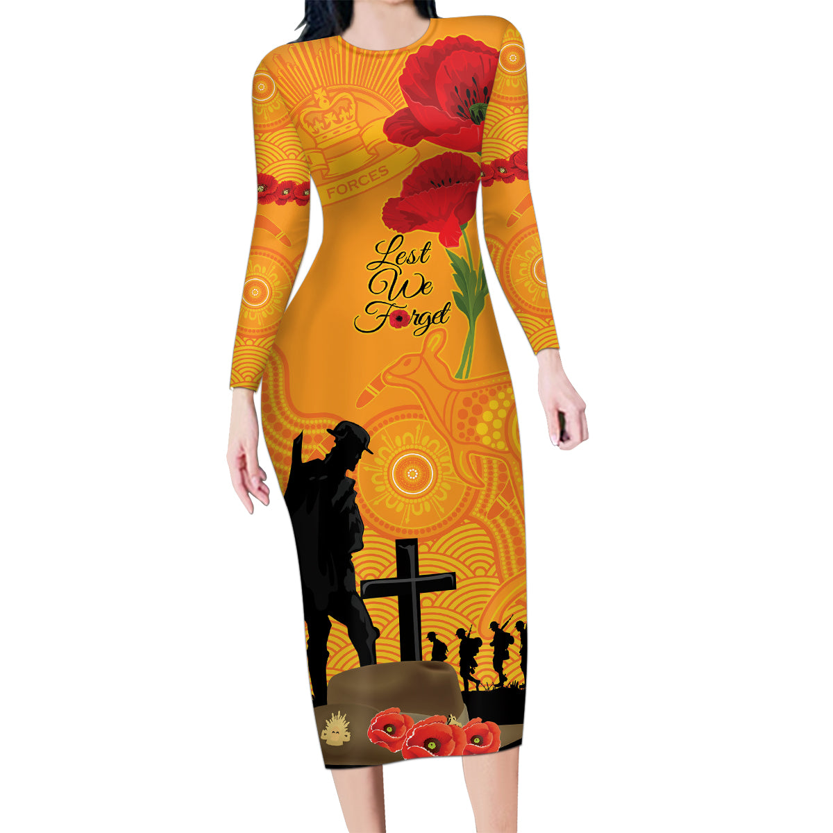Australia Wallabies Rugby ANZAC Custom Family Matching Long Sleeve Bodycon Dress and Hawaiian Shirt Gallipoli Soldier With Aboriginal Dots Art