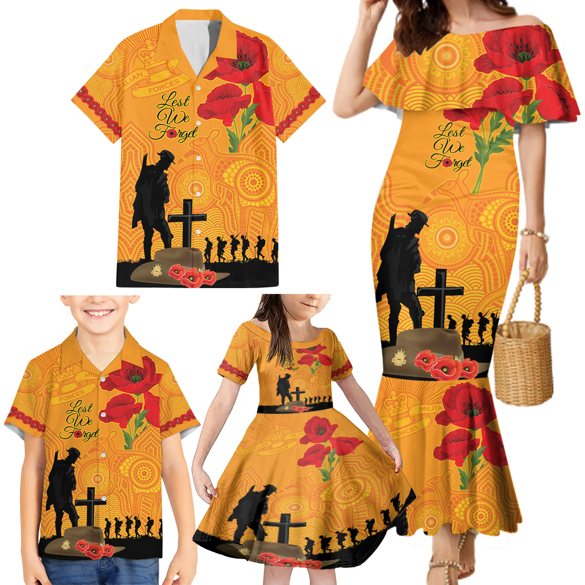 Australia Wallabies Rugby ANZAC Custom Family Matching Mermaid Dress and Hawaiian Shirt Gallipoli Soldier With Aboriginal Dots Art