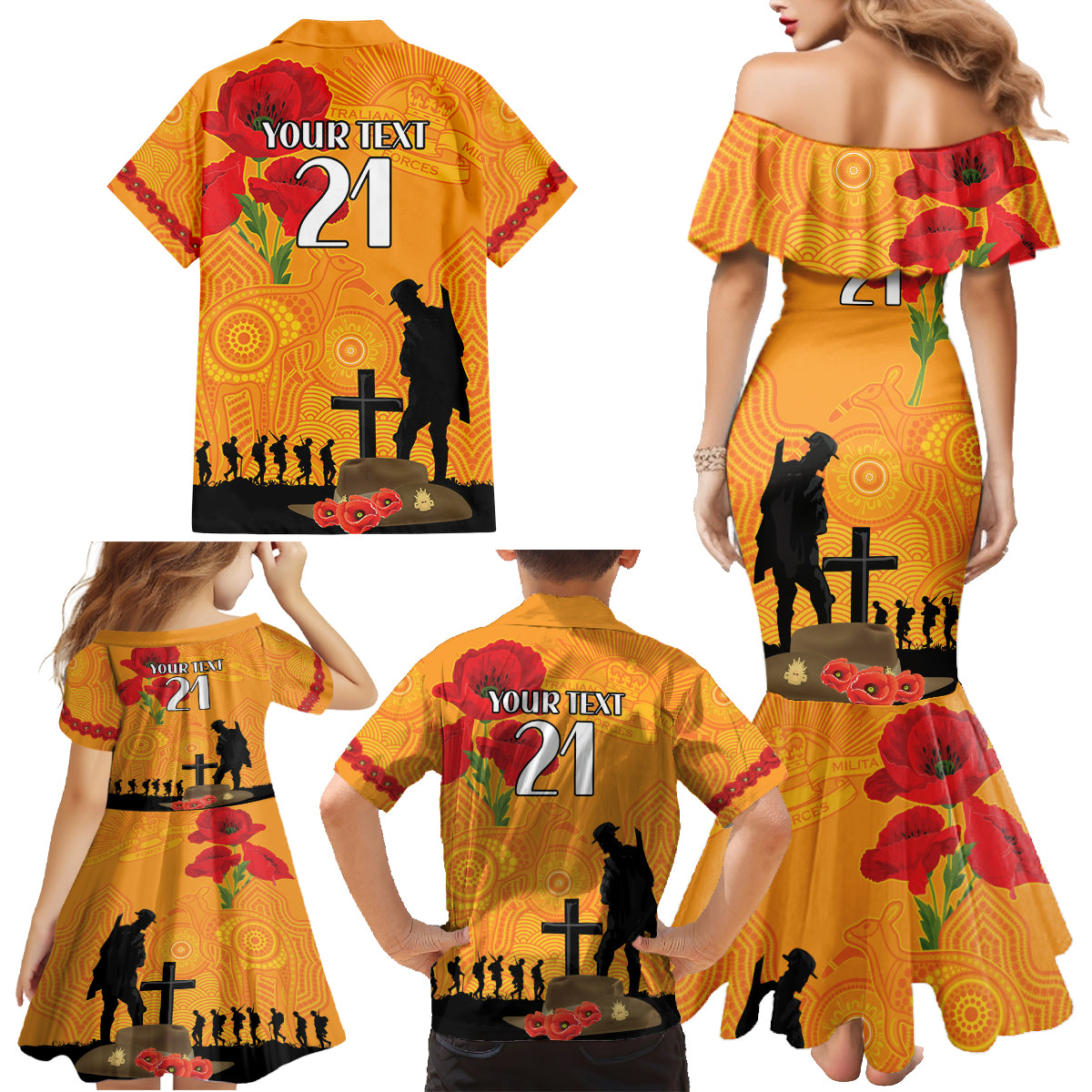 Australia Wallabies Rugby ANZAC Custom Family Matching Mermaid Dress and Hawaiian Shirt Gallipoli Soldier With Aboriginal Dots Art