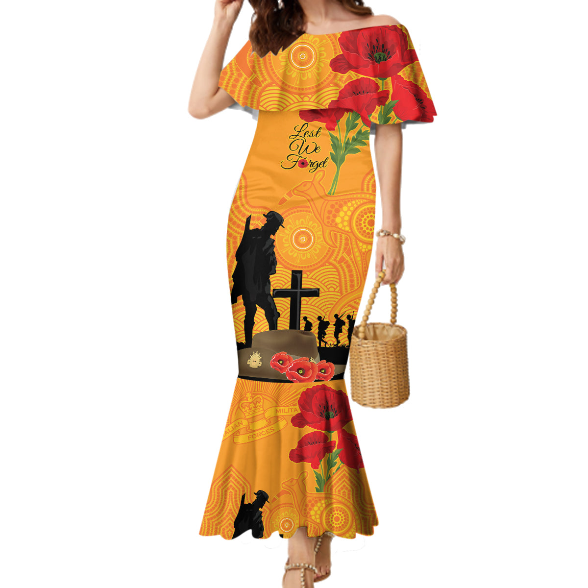 Australia Wallabies Rugby ANZAC Custom Family Matching Mermaid Dress and Hawaiian Shirt Gallipoli Soldier With Aboriginal Dots Art