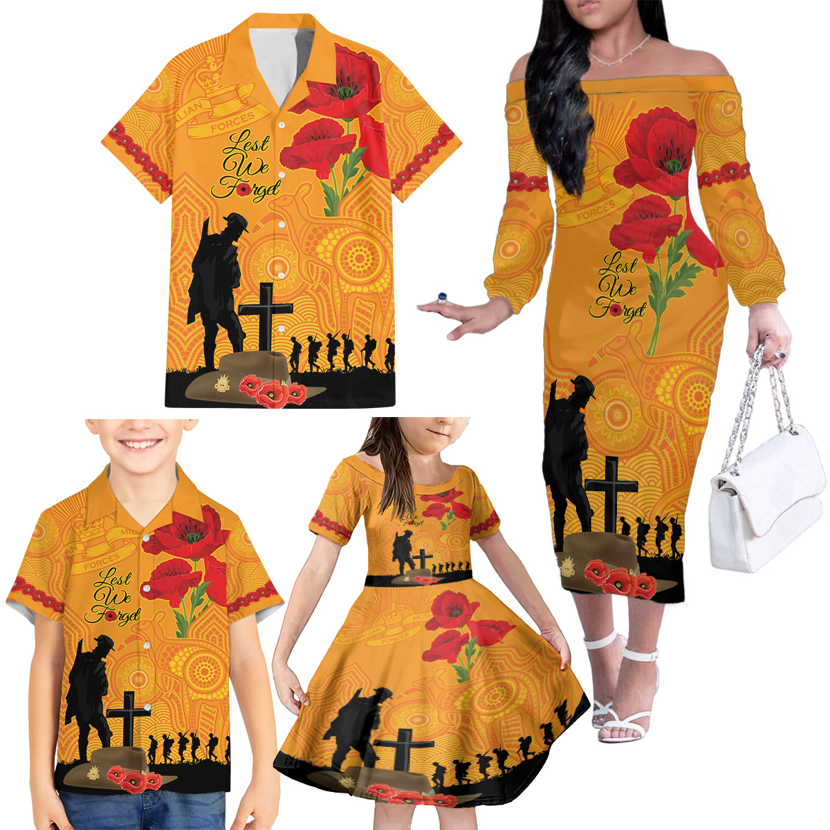 Australia Wallabies Rugby ANZAC Custom Family Matching Off Shoulder Long Sleeve Dress and Hawaiian Shirt Gallipoli Soldier With Aboriginal Dots Art