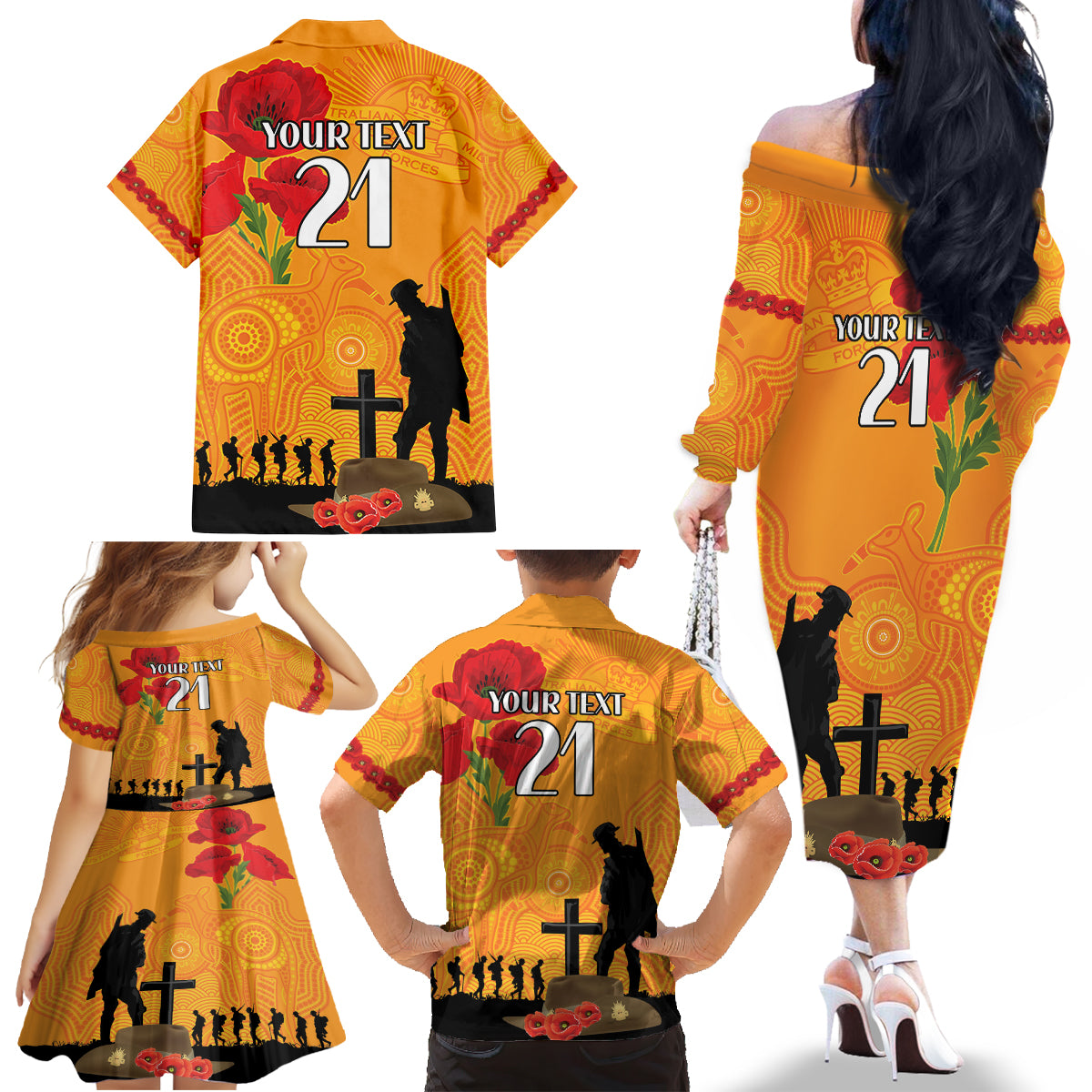 Australia Wallabies Rugby ANZAC Custom Family Matching Off Shoulder Long Sleeve Dress and Hawaiian Shirt Gallipoli Soldier With Aboriginal Dots Art