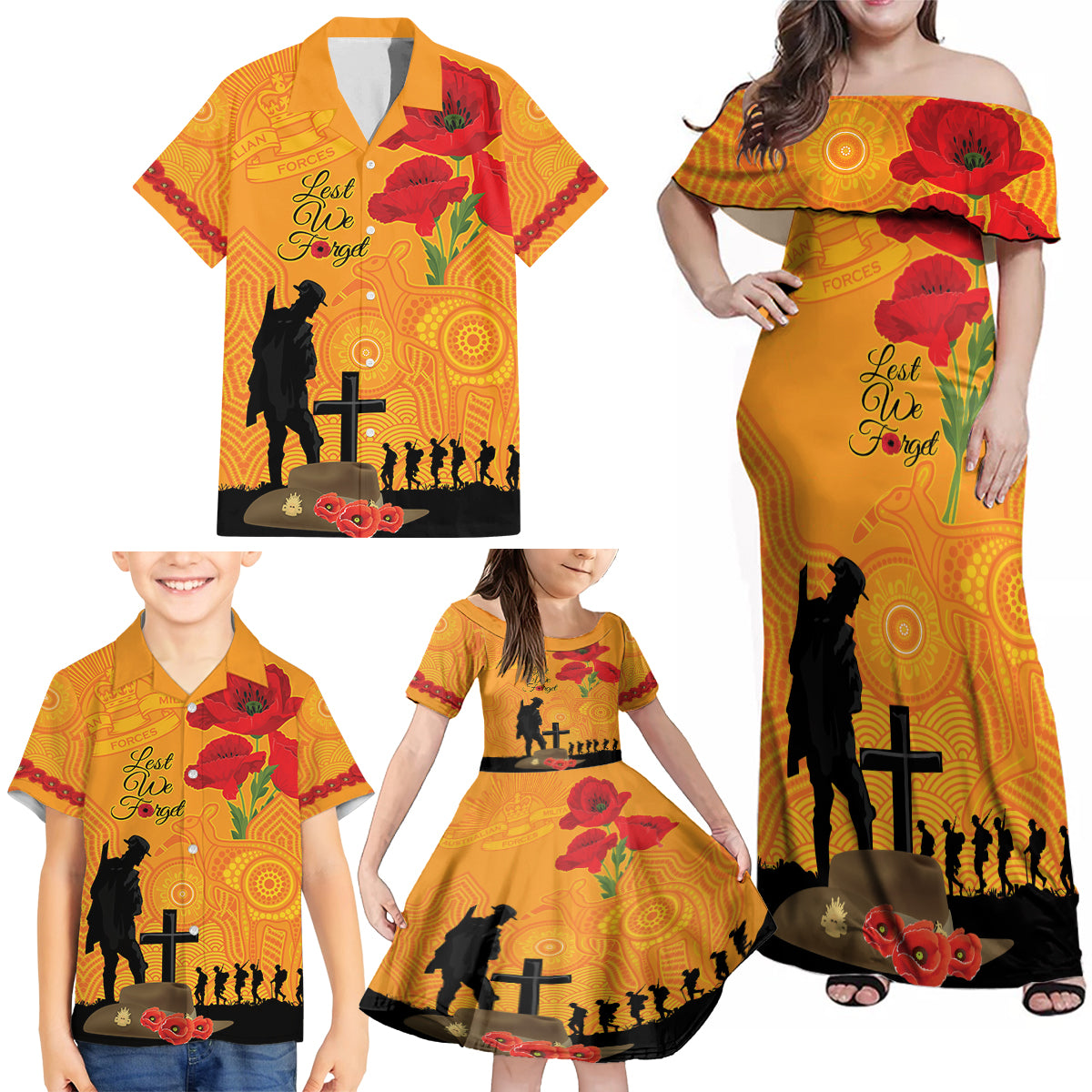 Australia Wallabies Rugby ANZAC Custom Family Matching Off Shoulder Maxi Dress and Hawaiian Shirt Gallipoli Soldier With Aboriginal Dots Art