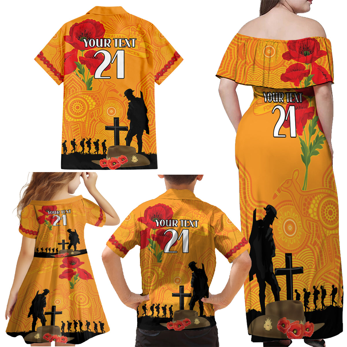 Australia Wallabies Rugby ANZAC Custom Family Matching Off Shoulder Maxi Dress and Hawaiian Shirt Gallipoli Soldier With Aboriginal Dots Art