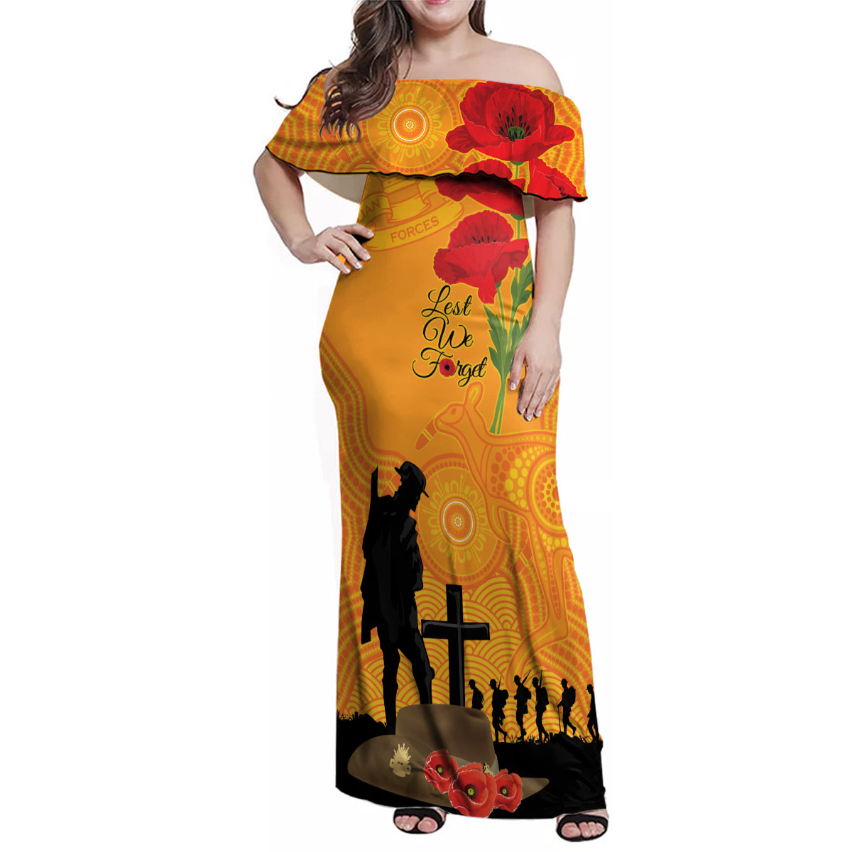 Australia Wallabies Rugby ANZAC Custom Family Matching Off Shoulder Maxi Dress and Hawaiian Shirt Gallipoli Soldier With Aboriginal Dots Art